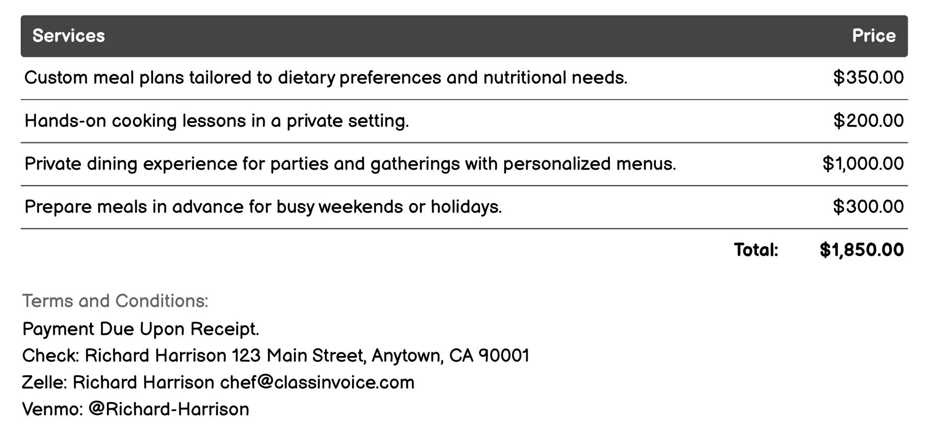 Private Chef Invoice Example