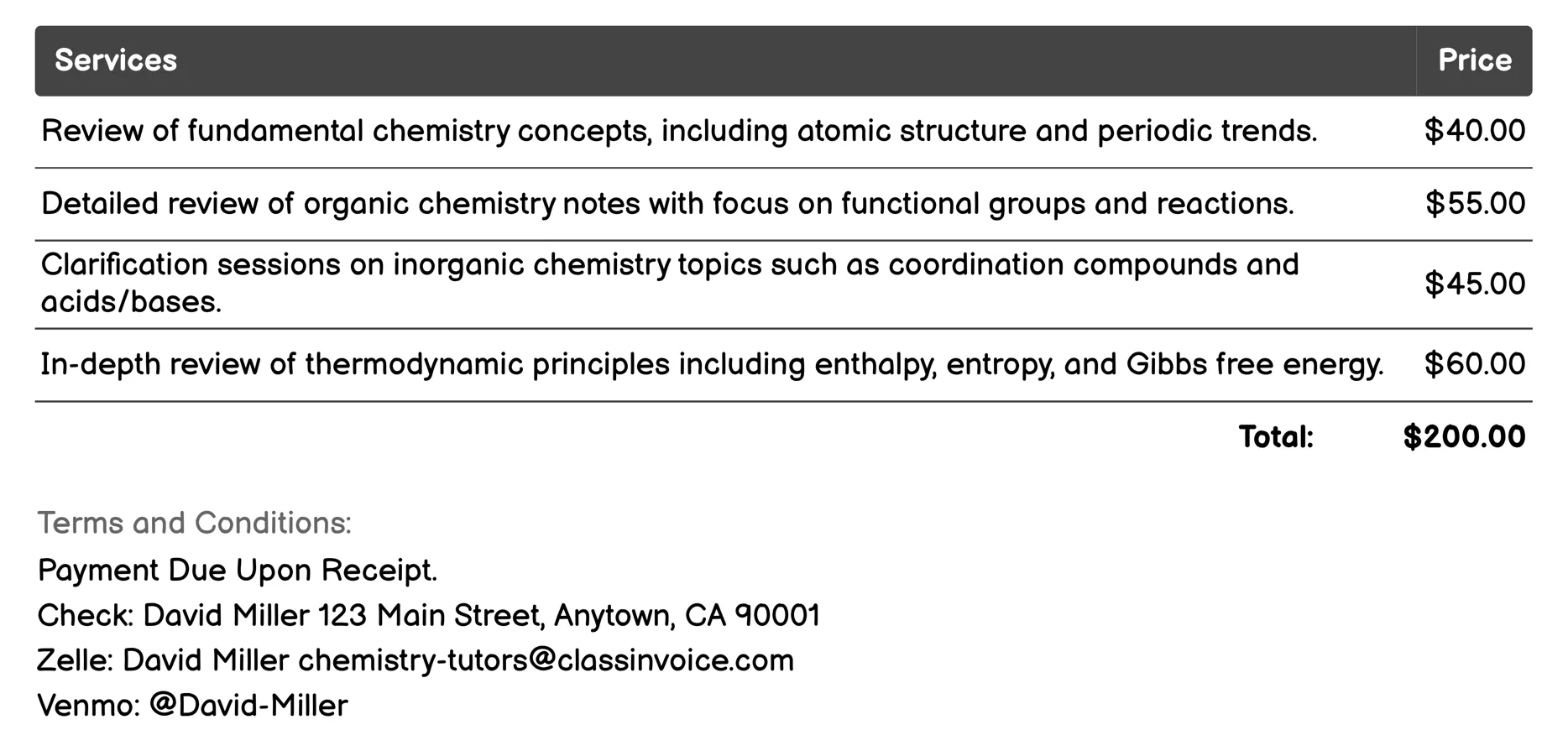 Class Notes Review Invoice Example