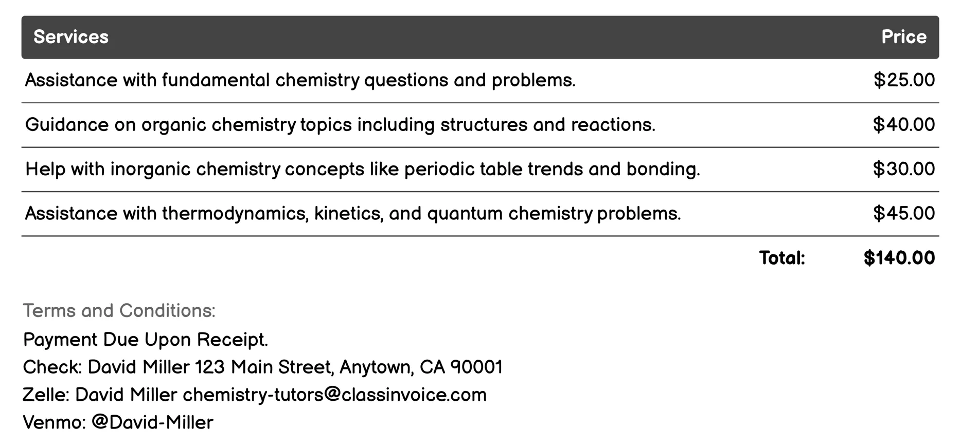 Homework Assistance Invoice Example