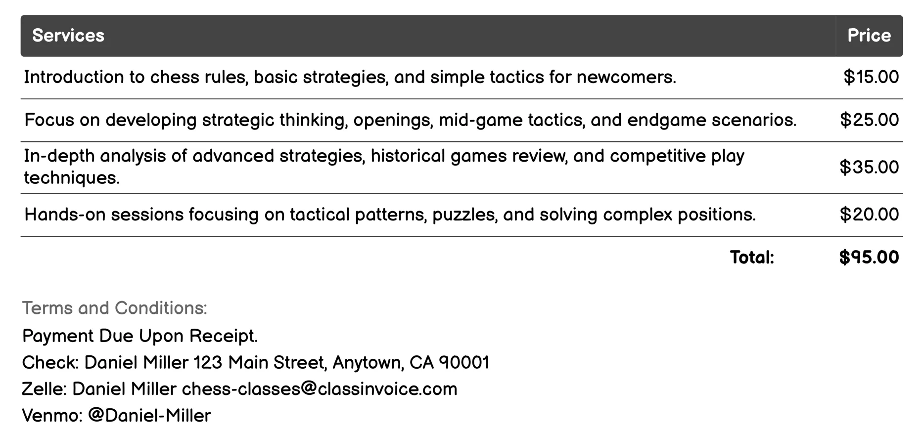 Chess Camps Invoice Example