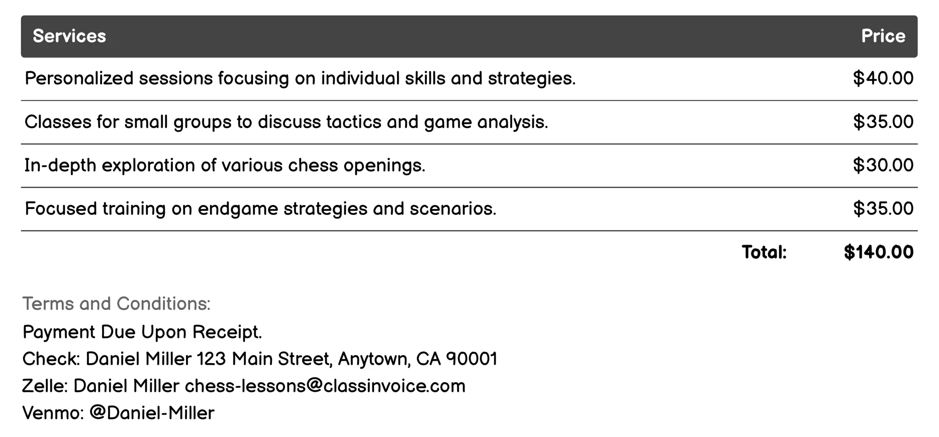 Chess Tournament Preparation Invoice Example