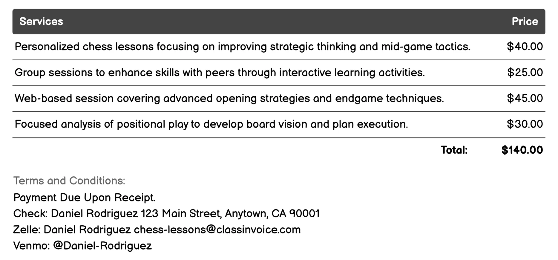 Intermediate Chess Coaching Invoice Example
