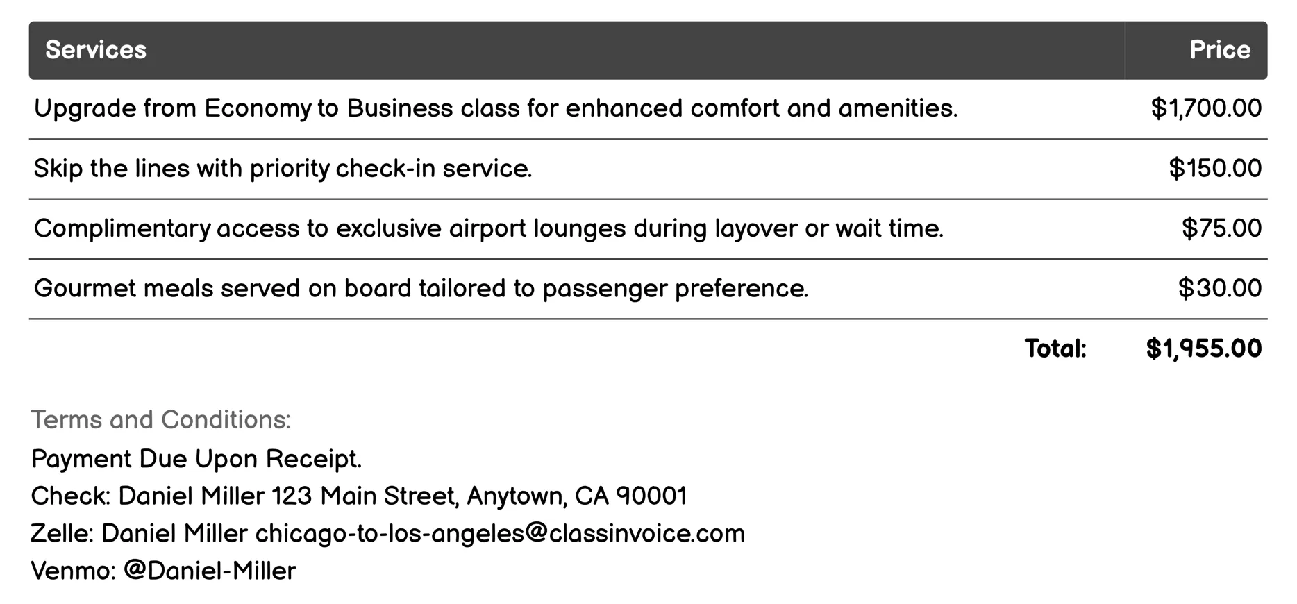 First Class Invoice Example