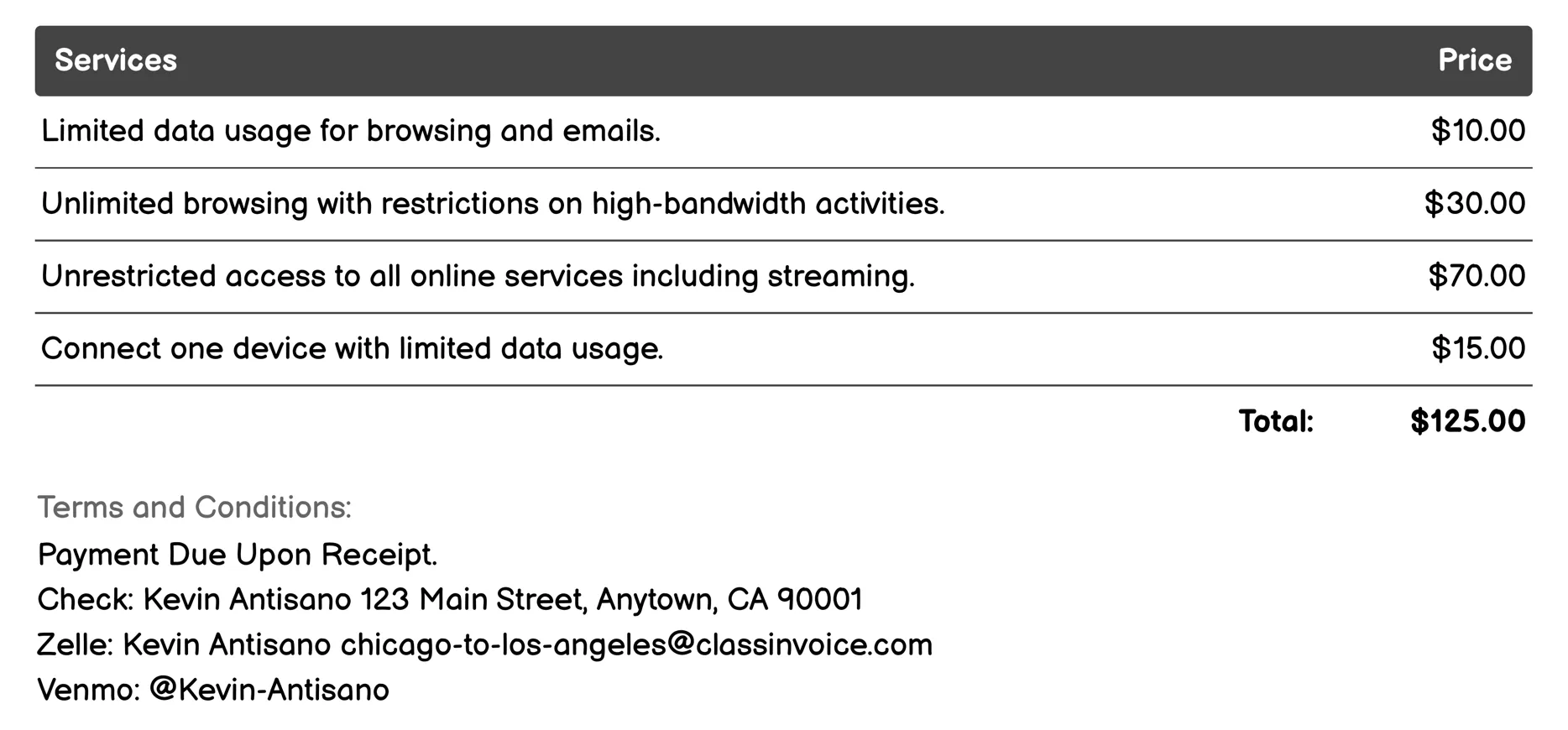 In-Flight Wi-Fi Invoice Example