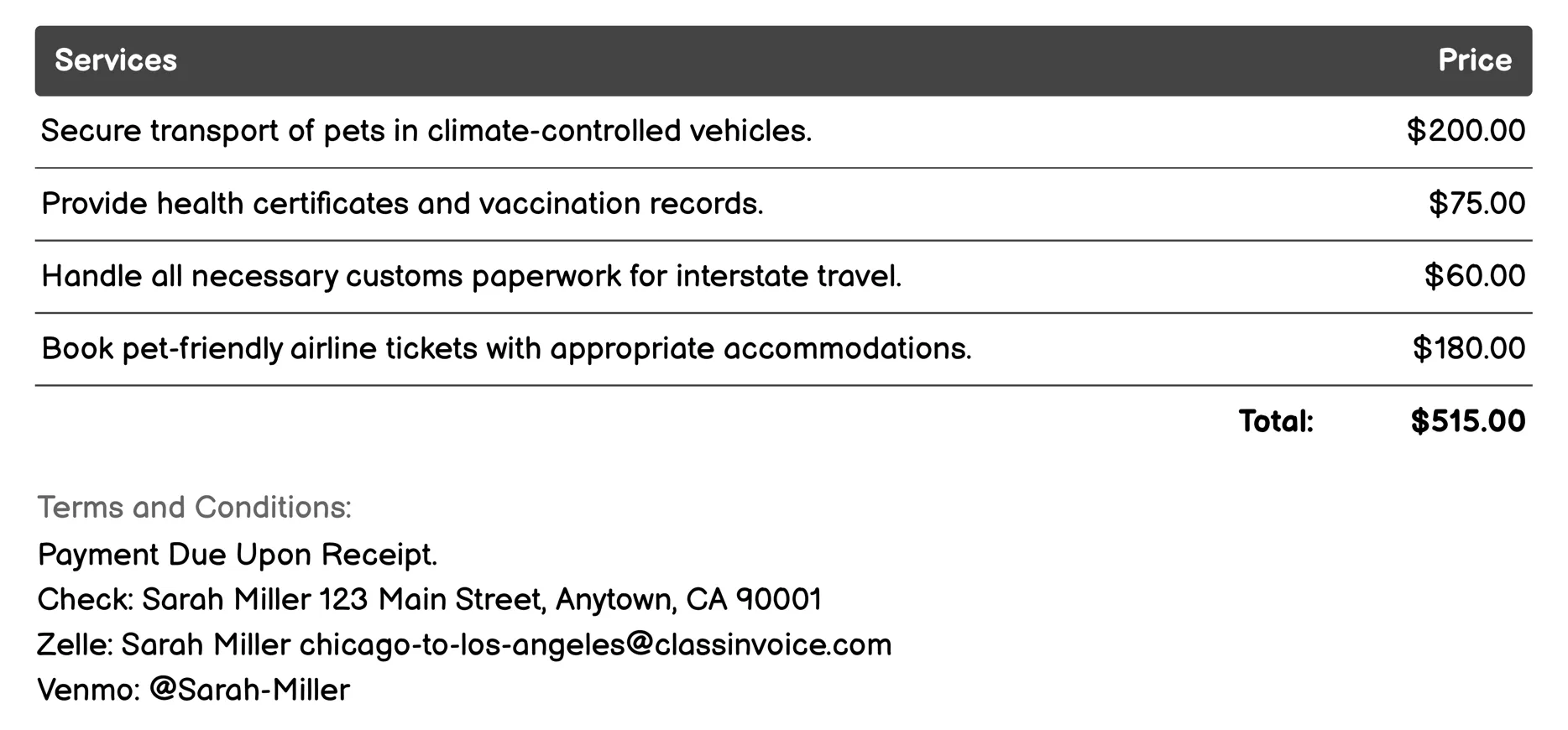 Pet Relocation Services Invoice Example