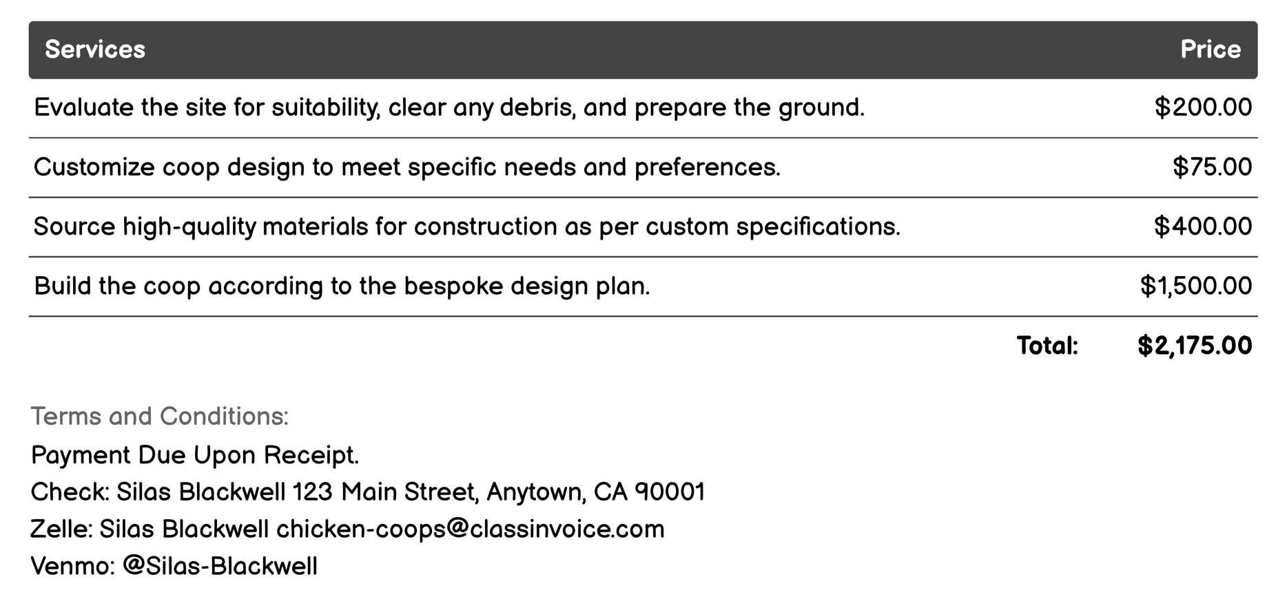 Custom Design & Construction Invoice Example