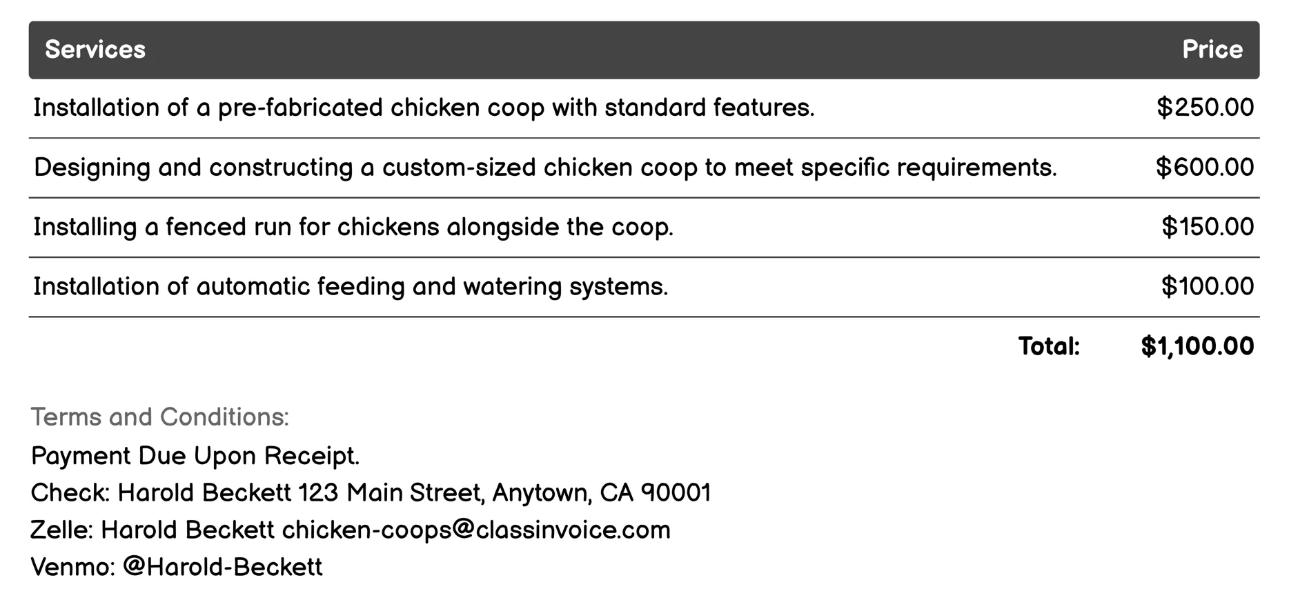 Installation Services Invoice Example