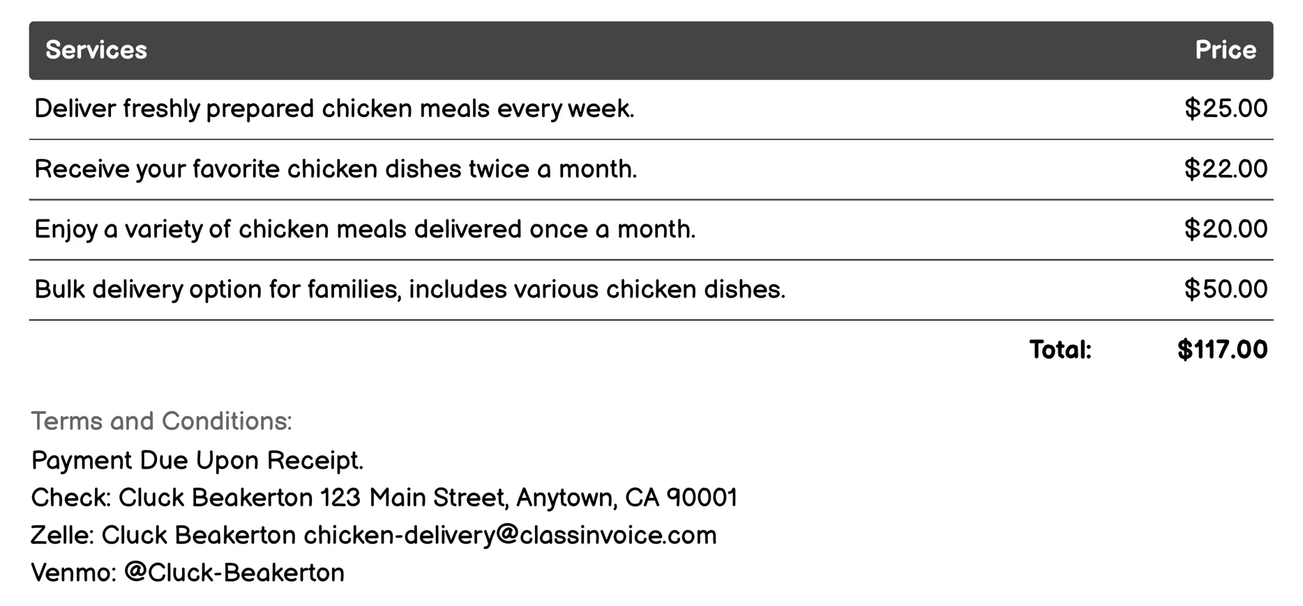 Subscription Service Invoice Example