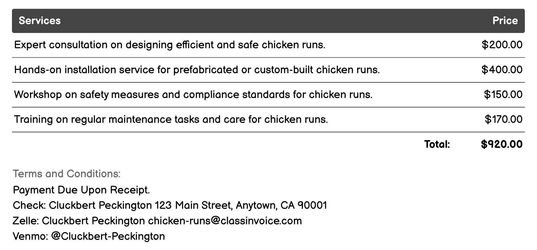Poultry Training Workshops Invoice Example