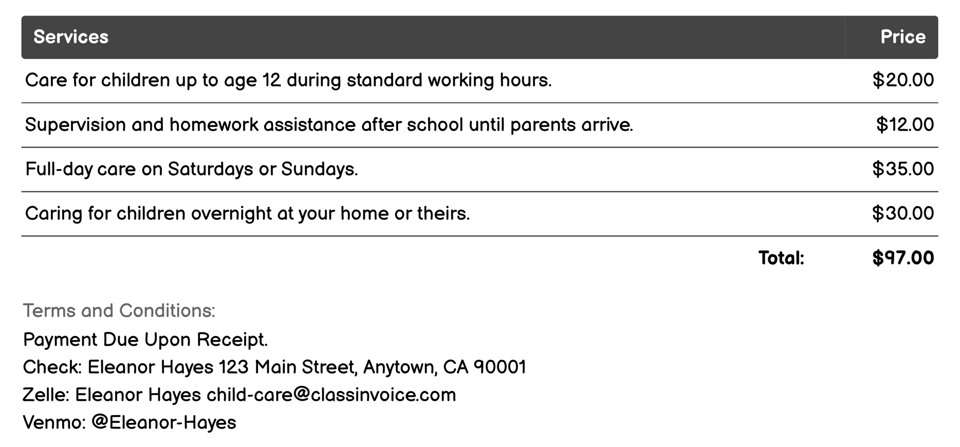 Babysitting Services Invoice Example