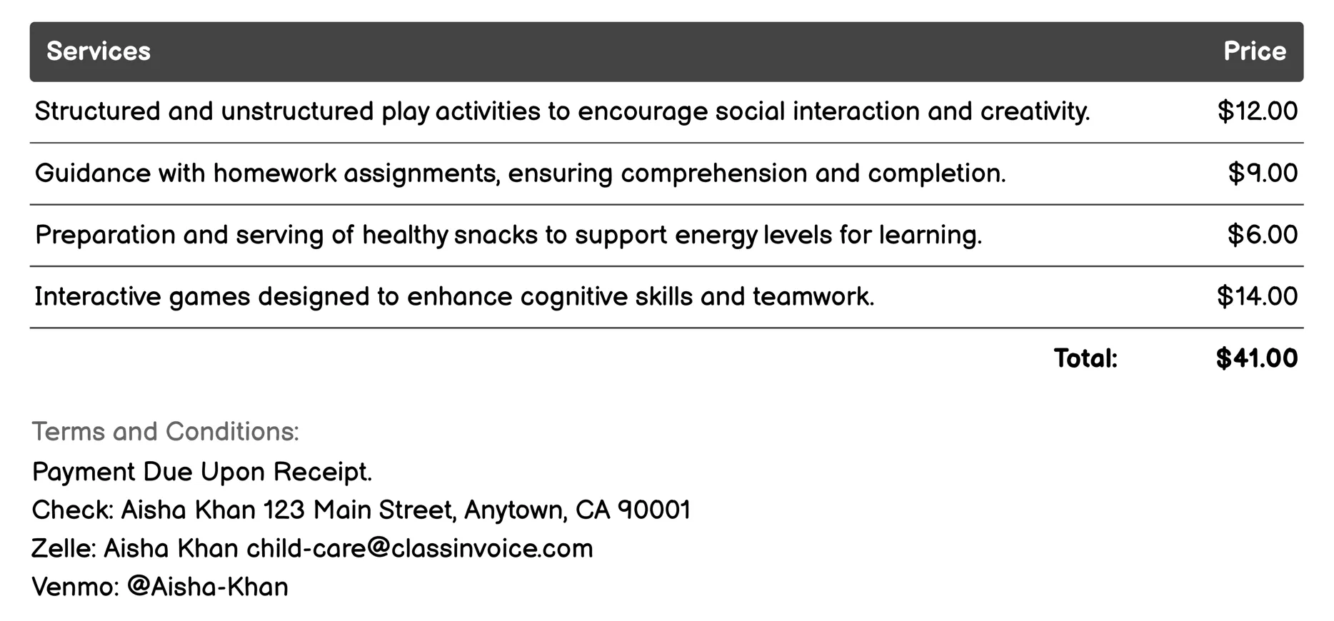 Before-and-After School Programs Invoice Example