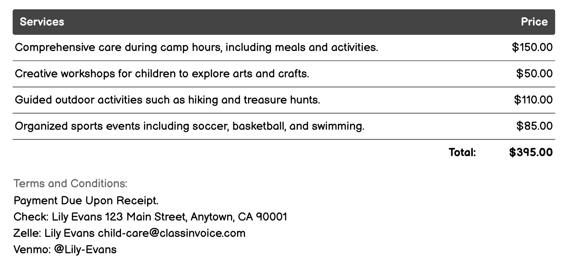 Summer Camps Invoice Example