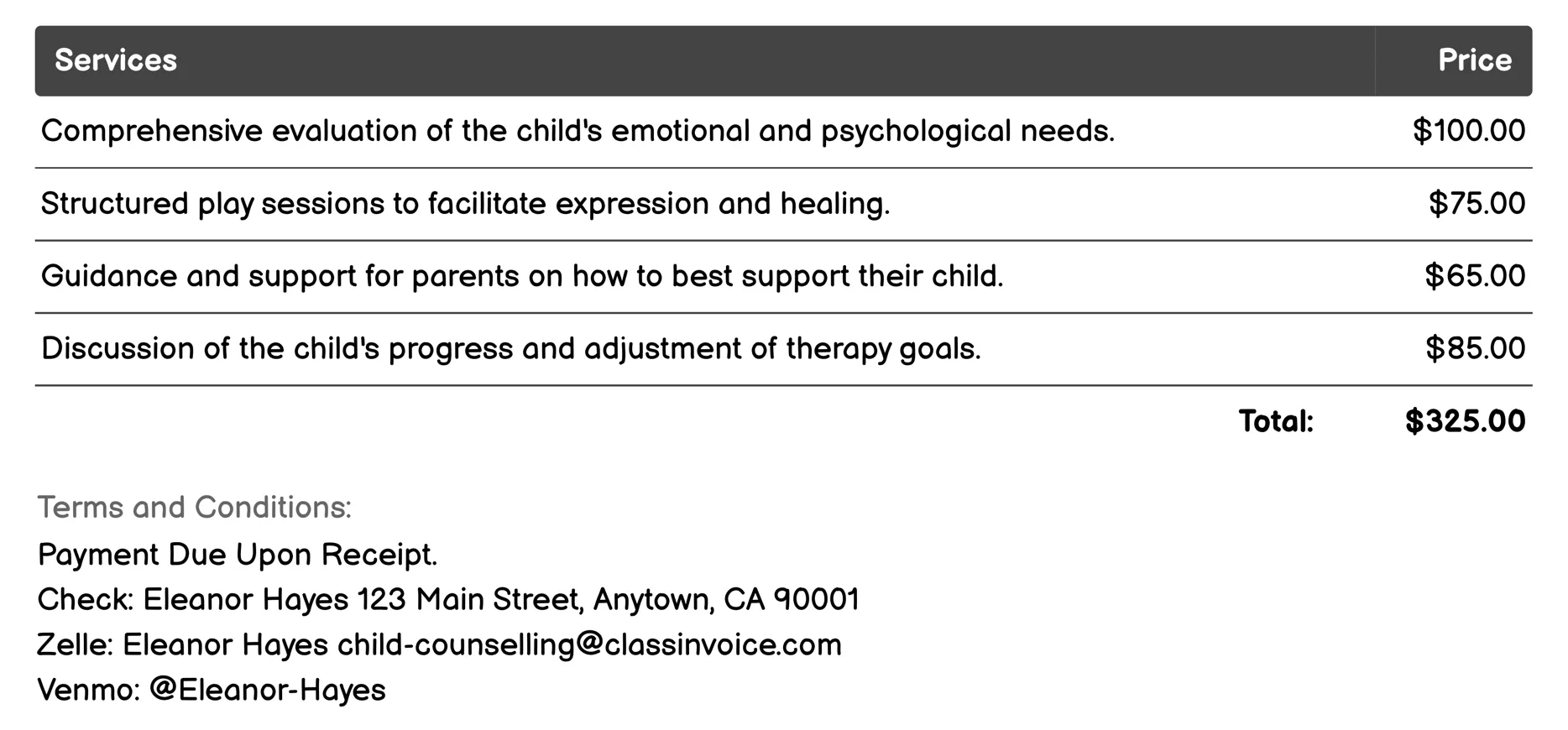 Play Therapy Invoice Example