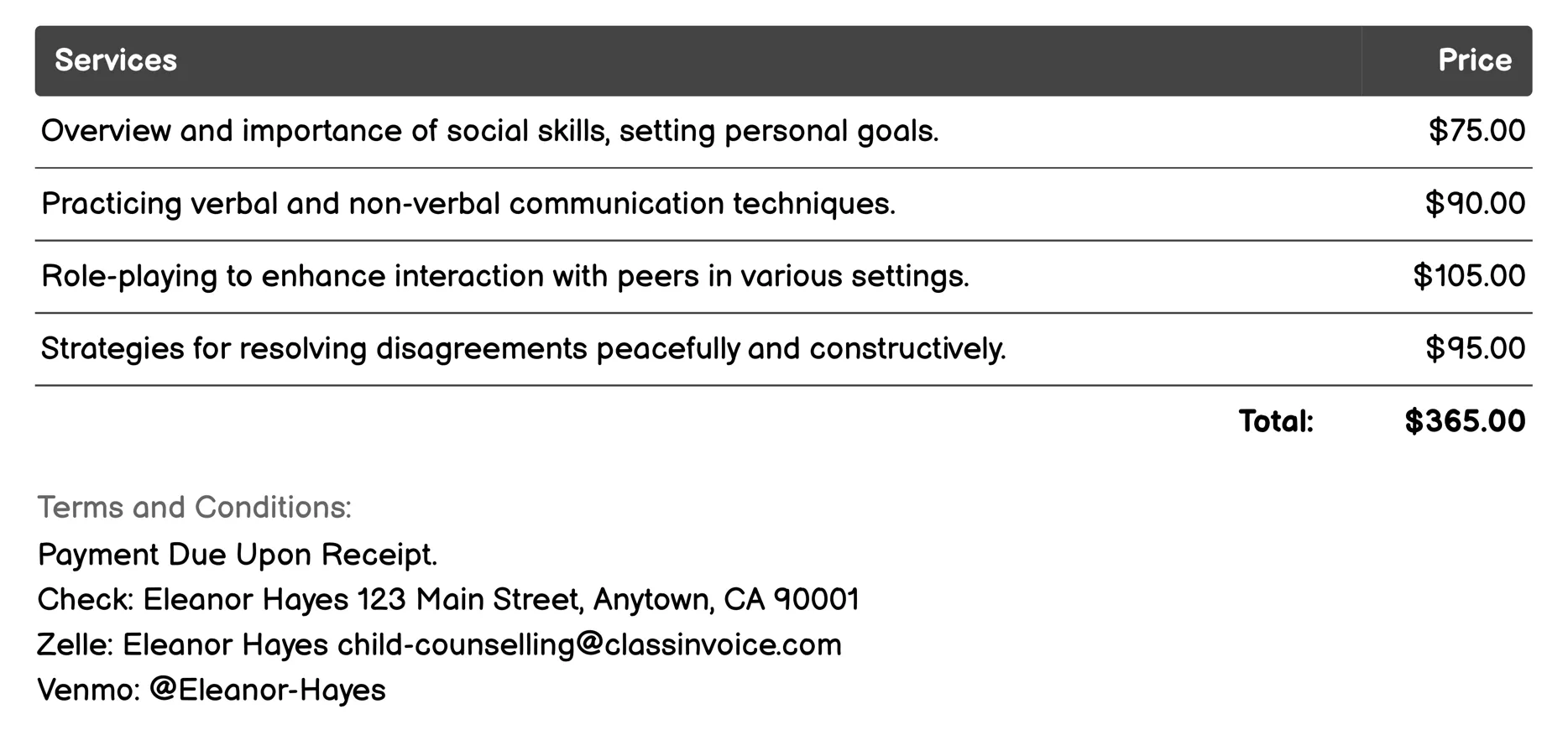 Social Skills Training Invoice Example
