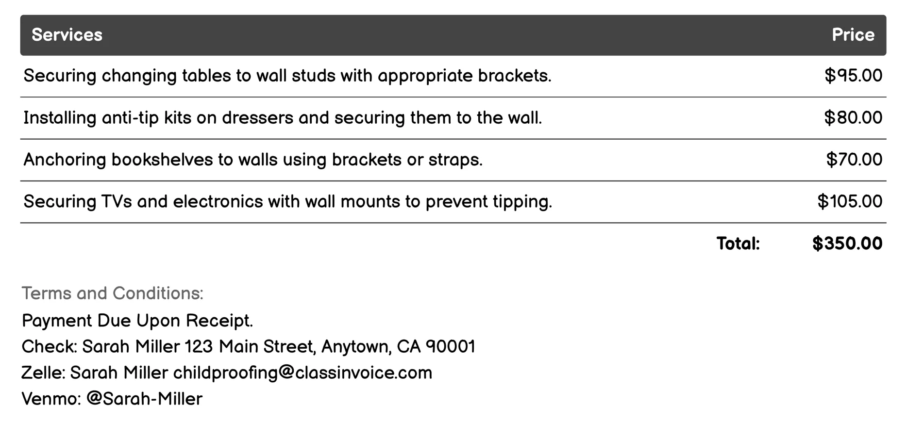 Furniture Anchoring Invoice Example