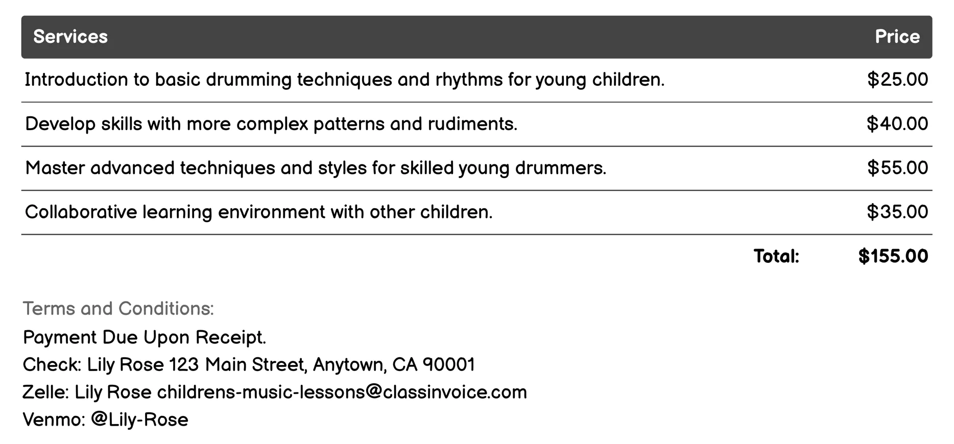 Drum Lessons Invoice Example