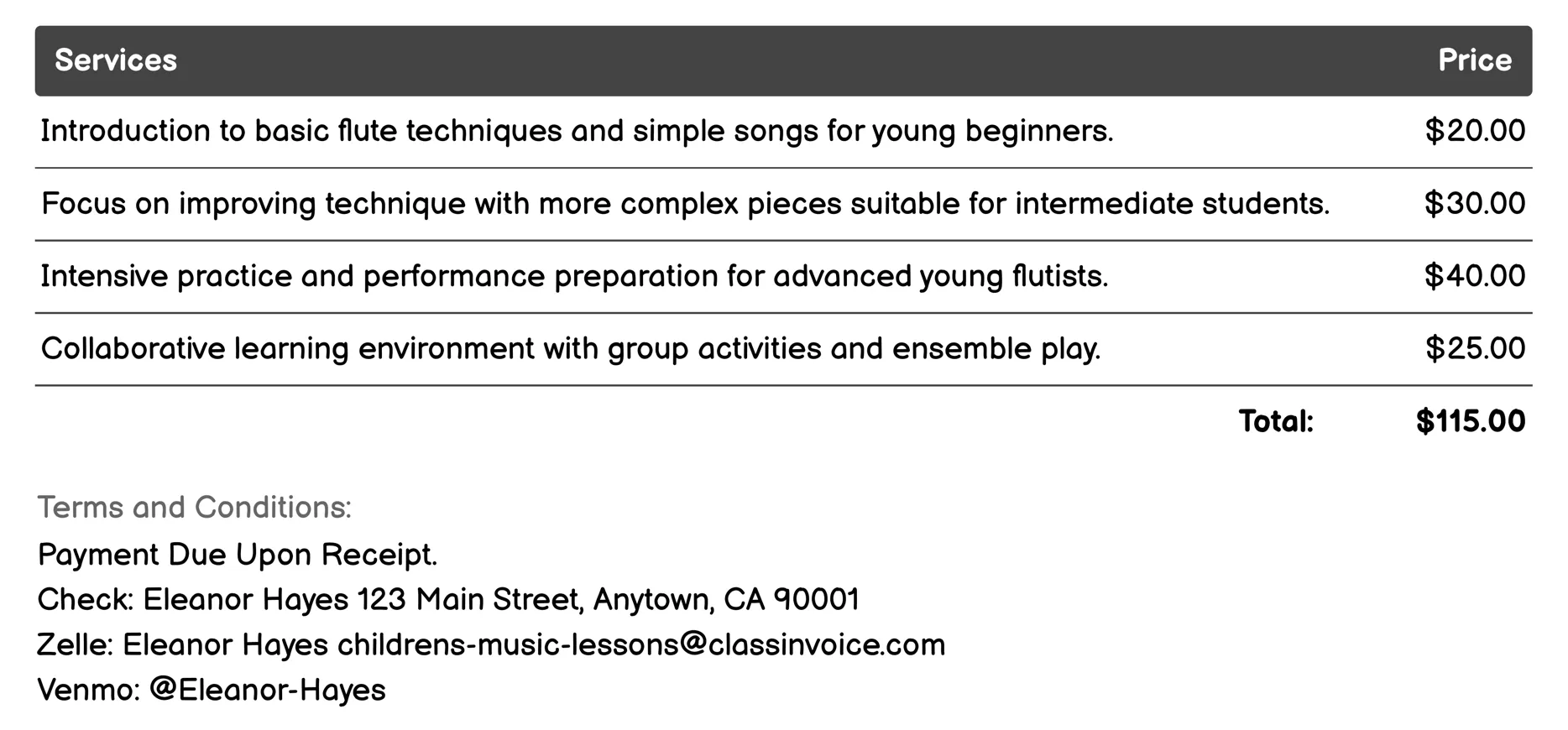 Flute Lessons Invoice Example