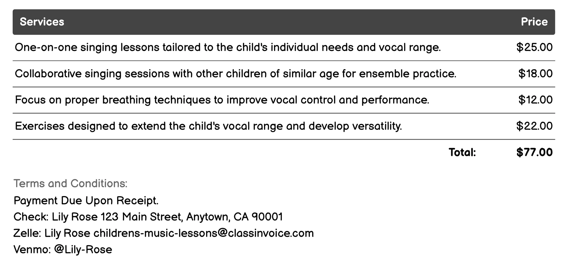Singing Lessons Invoice Example