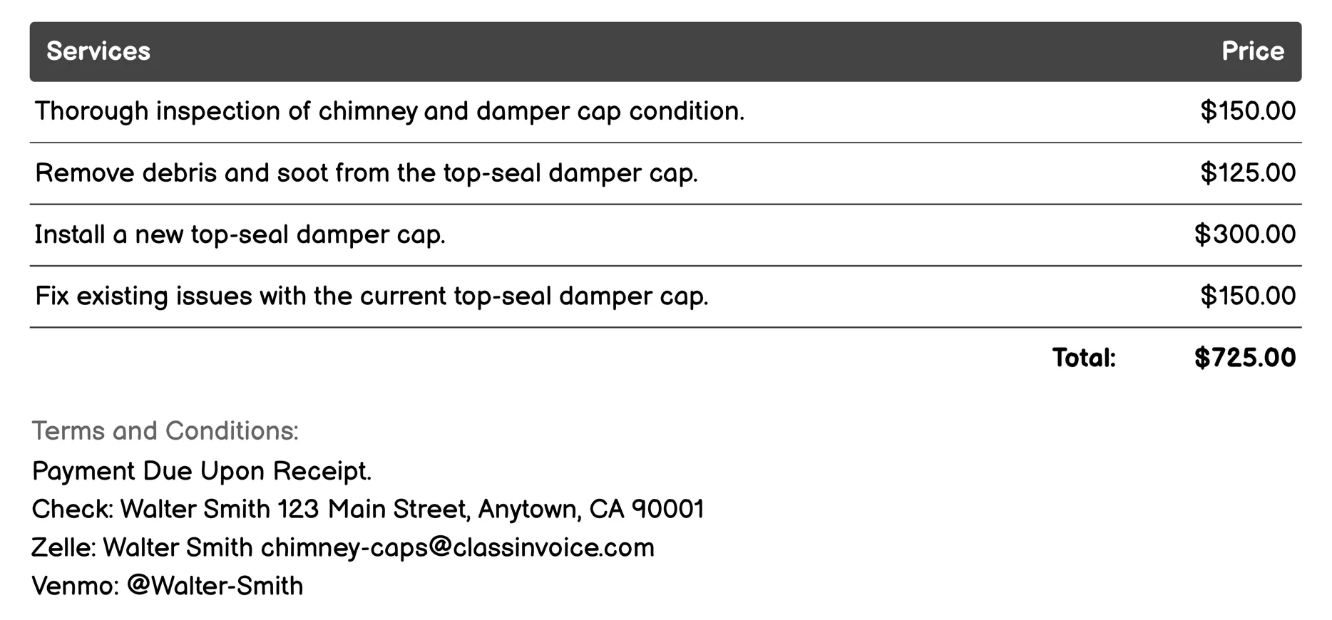 Top-Seal Damper Cap Invoice Example