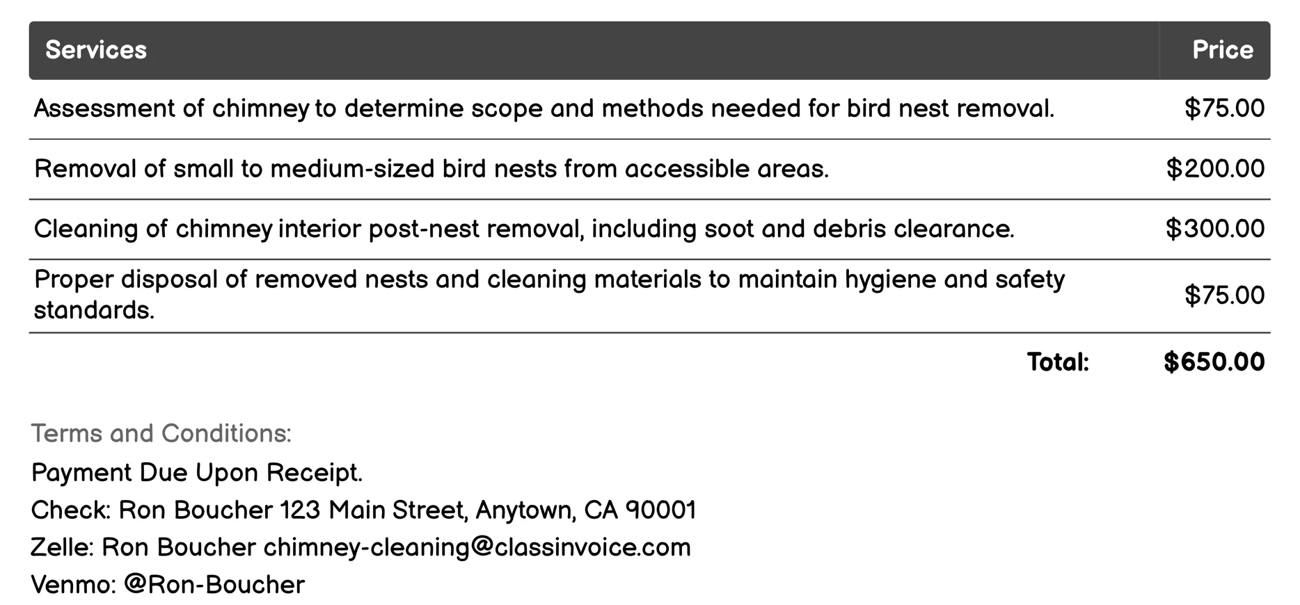 Bird Nest Removal Invoice Example