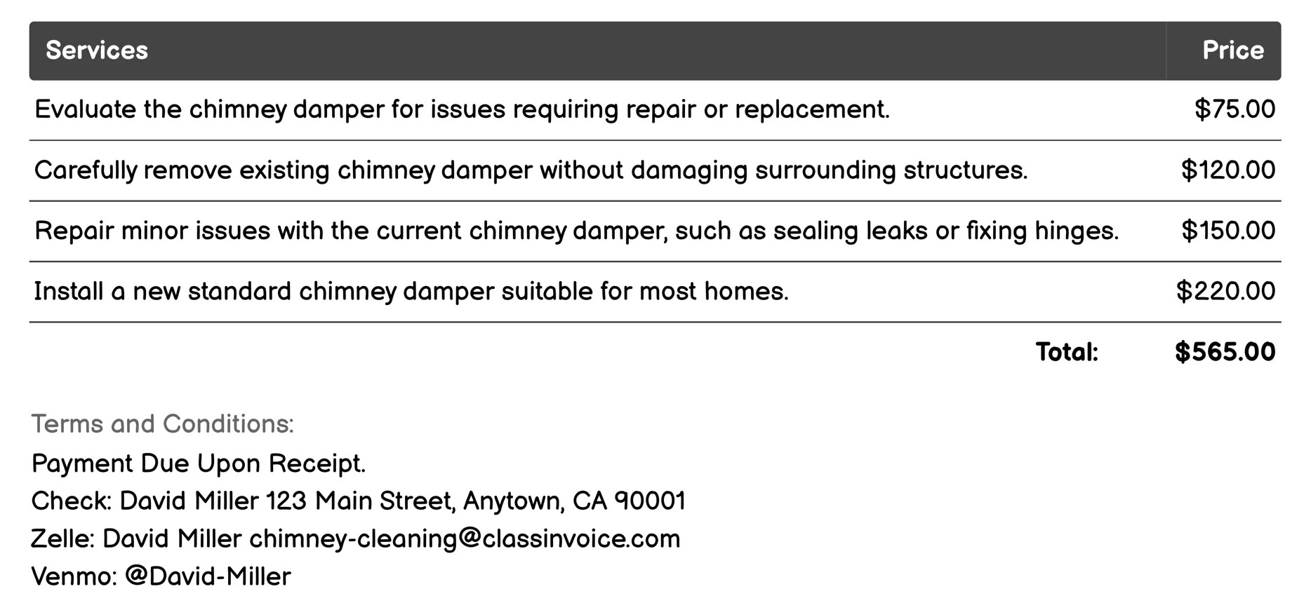 Damper Repair or Replacement Invoice Example