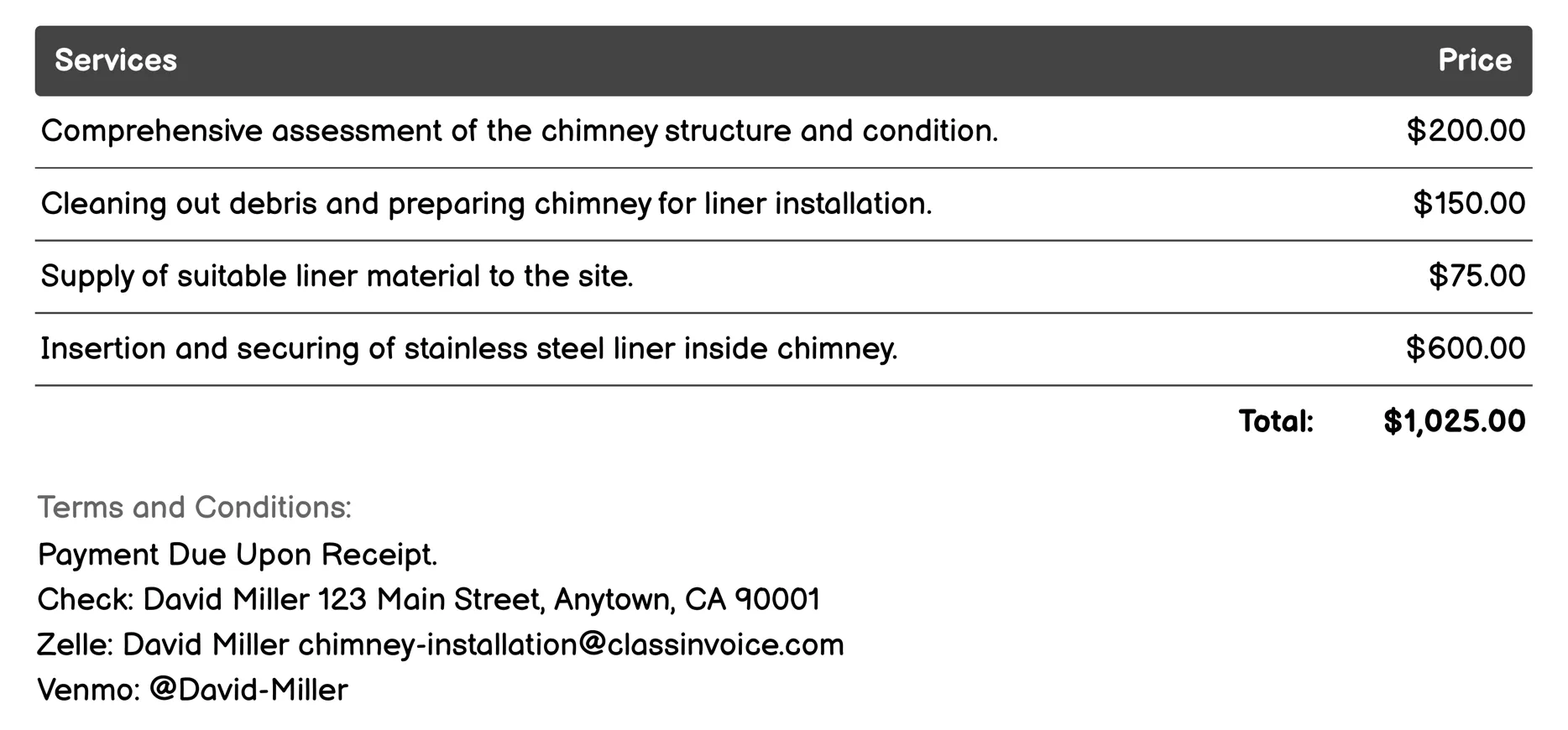 Chimney Liner Installation Invoice Example