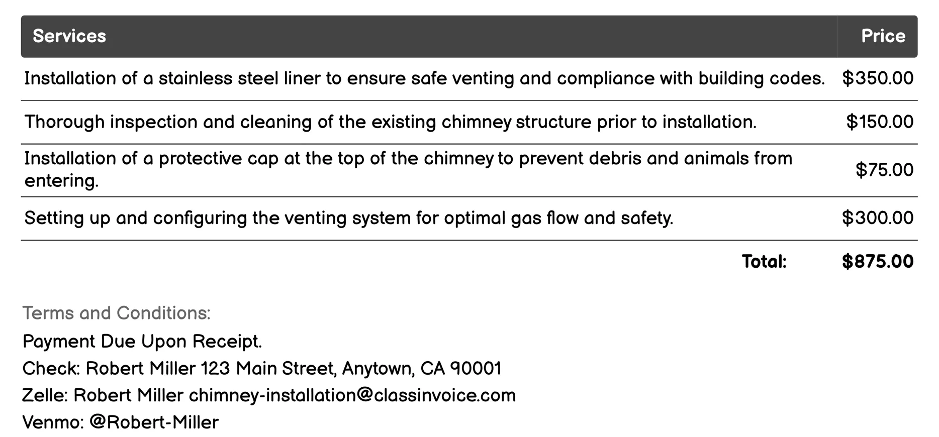 Gas Fireplace Chimney Installation Invoice Example