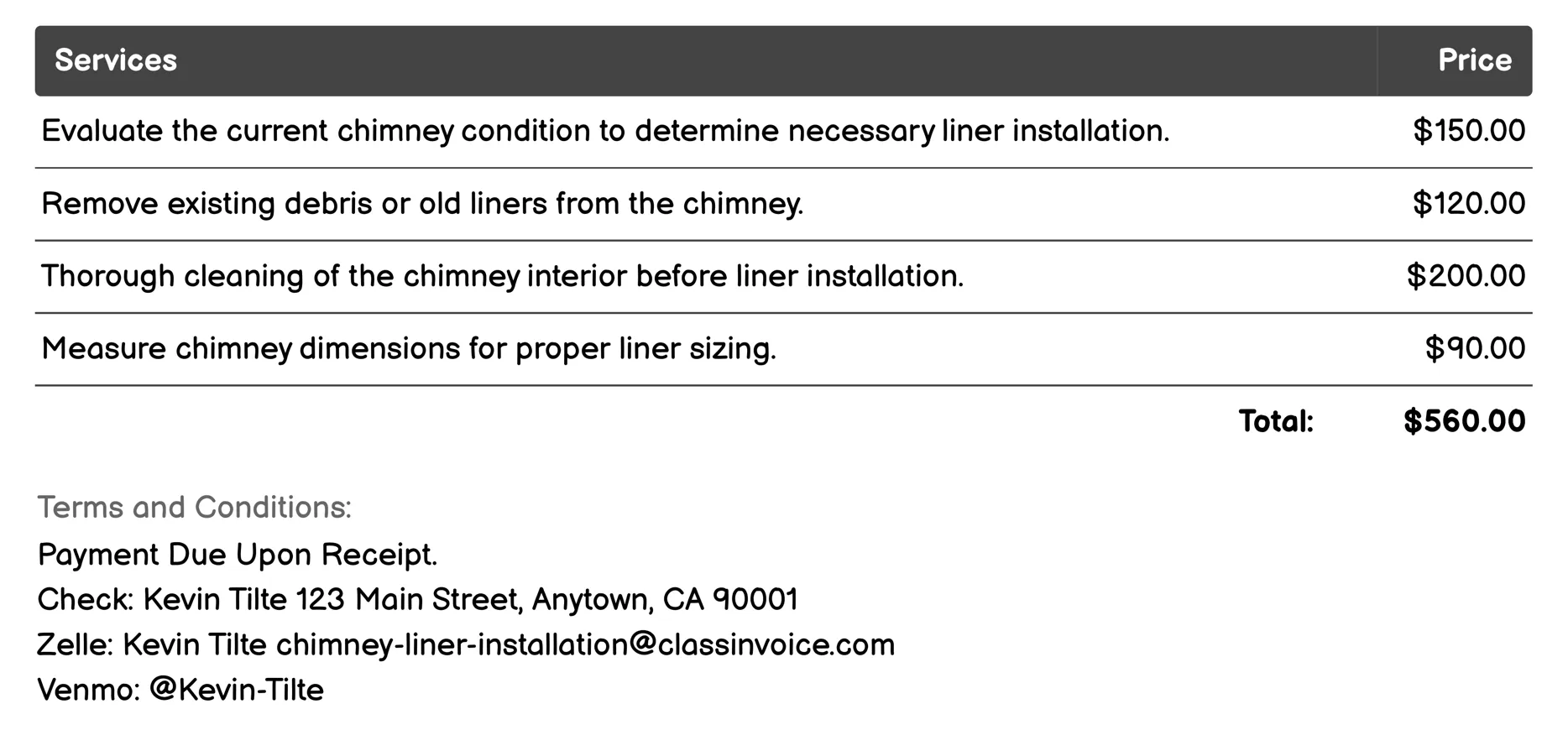 Chimney Cap Installation Invoice Example