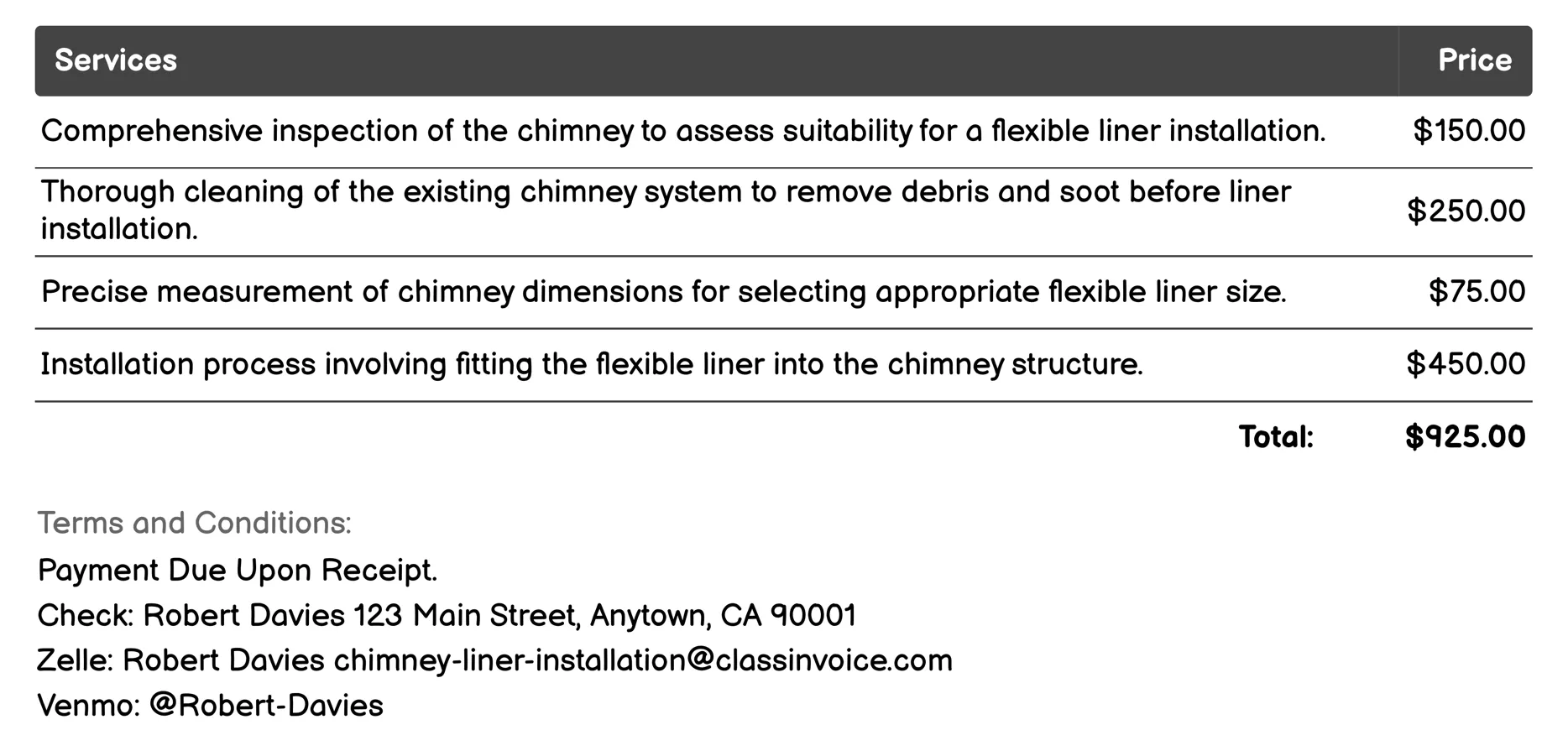 Flexible Liner Installation Invoice Example
