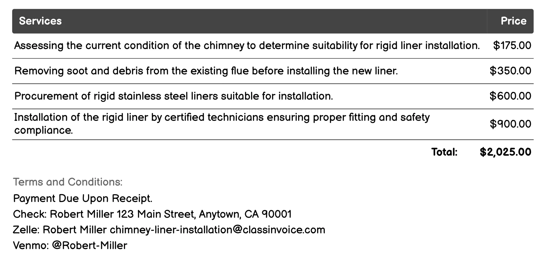 Rigid Liner Installation Invoice Example