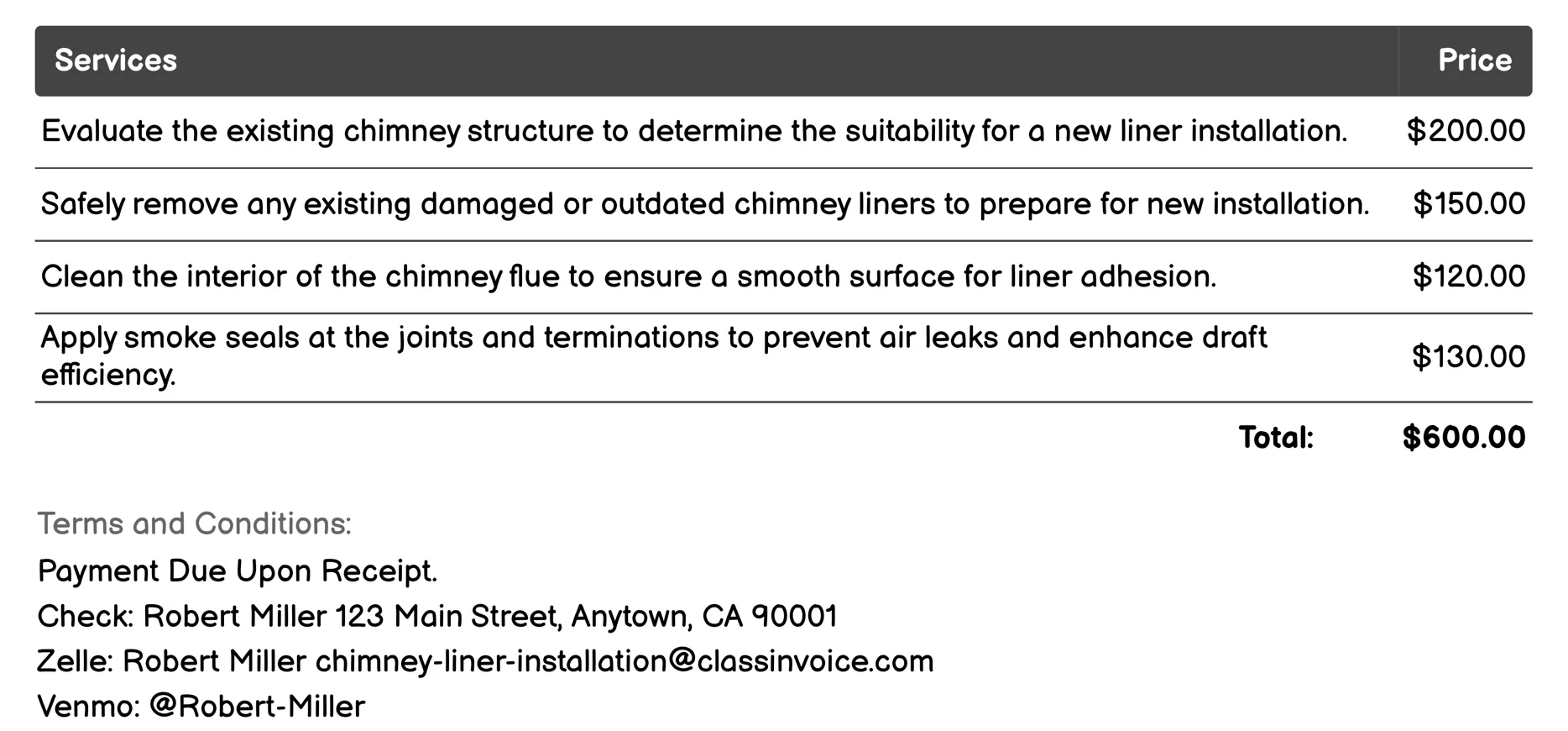 Smoke Seal Installation Invoice Example