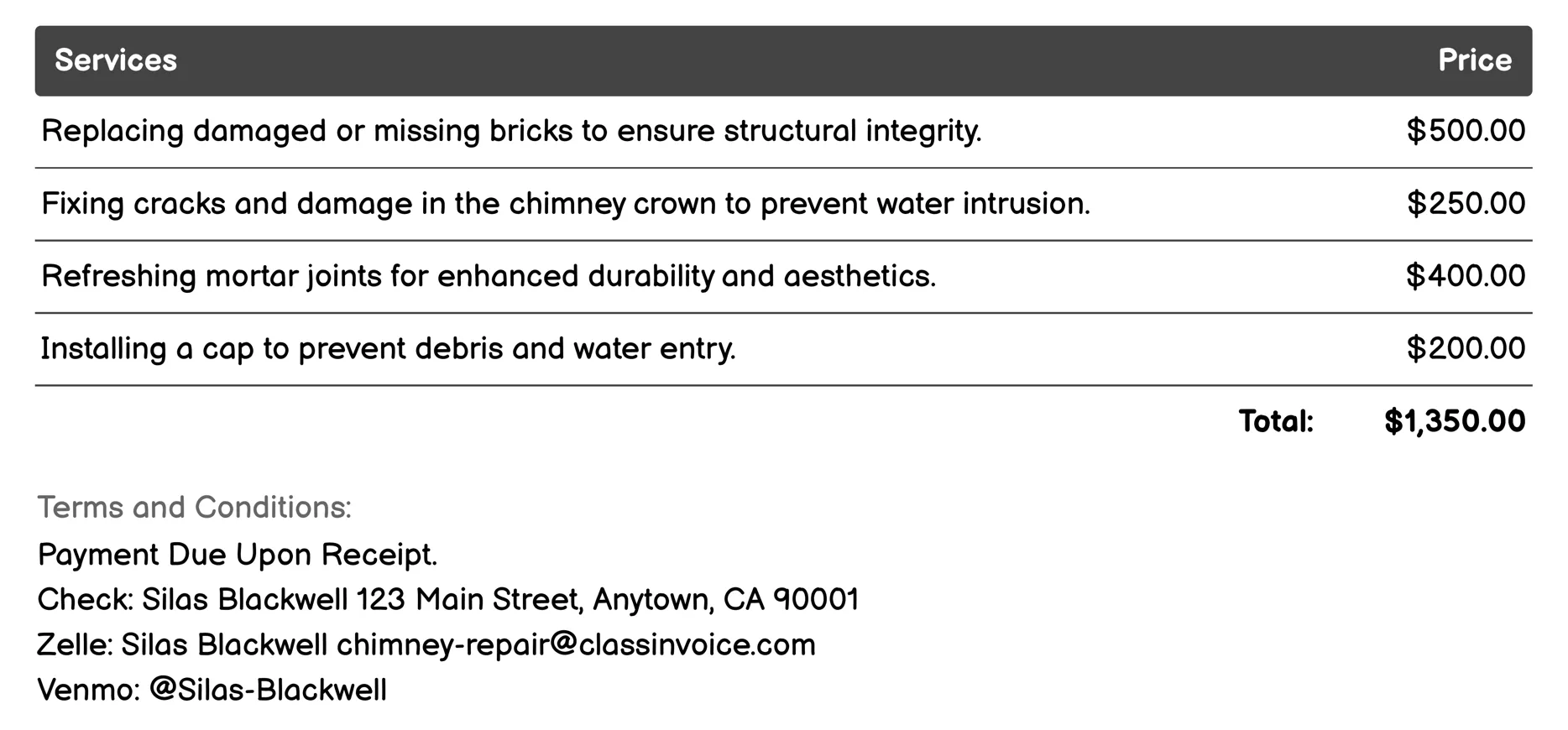 Brick Repair or Replacement Invoice Example