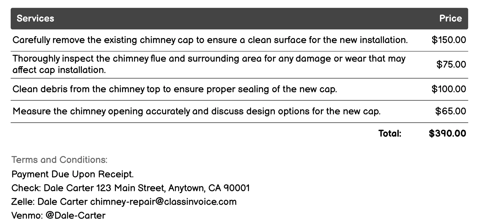 Cap Replacement Invoice Example