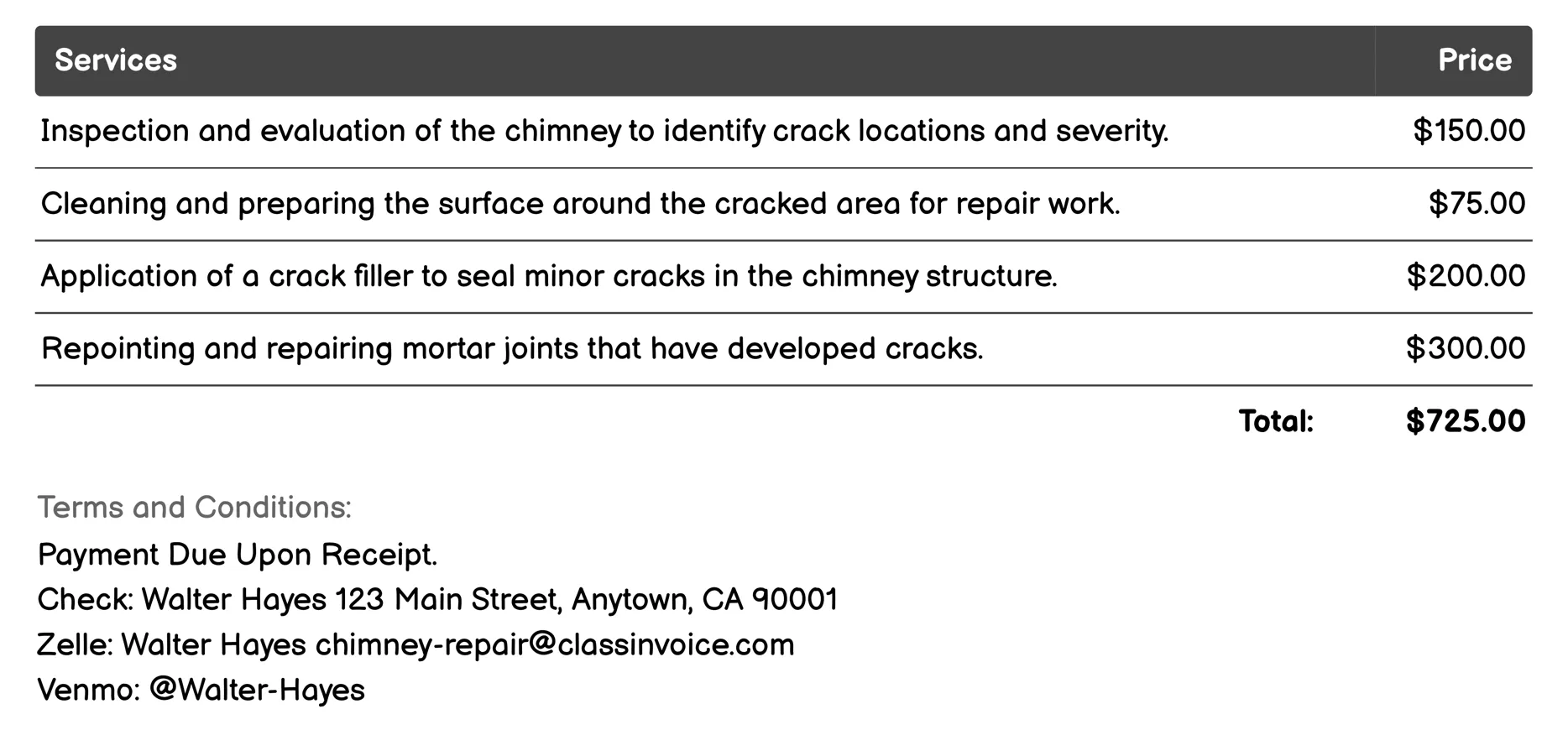Crack Repair Invoice Example