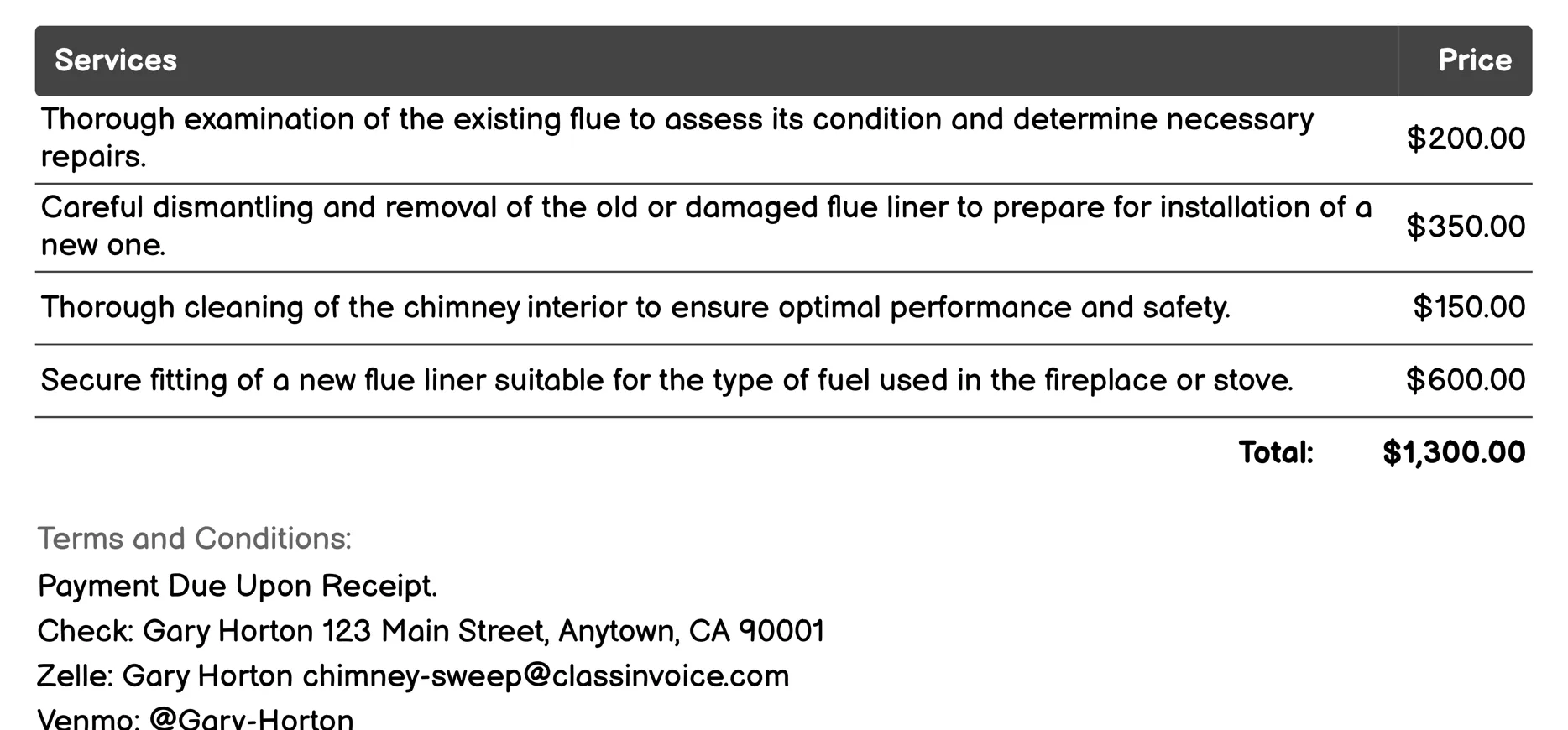 Flue Liner Replacement Invoice Example
