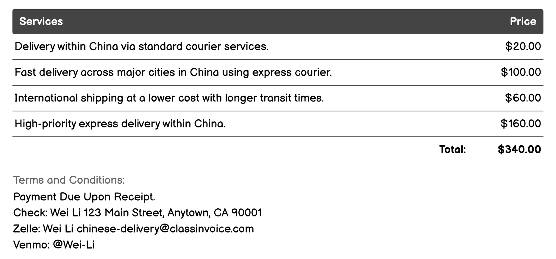 Courier Services Invoice Example
