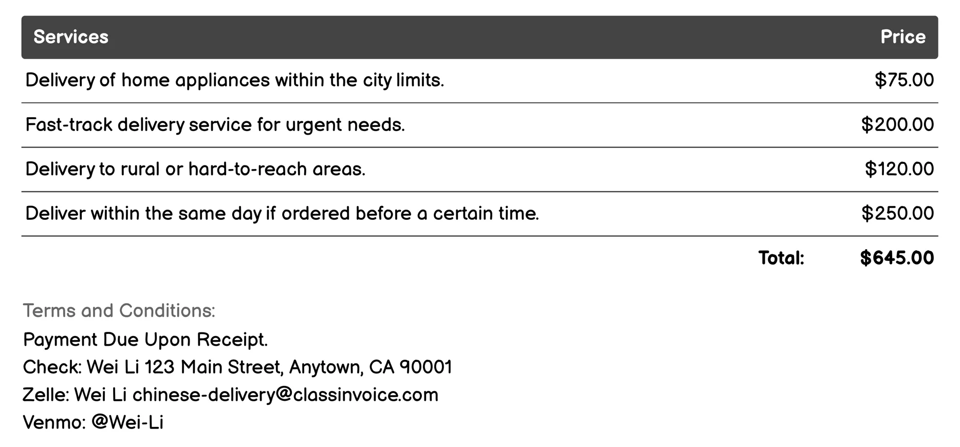 Home Appliance Delivery Invoice Example