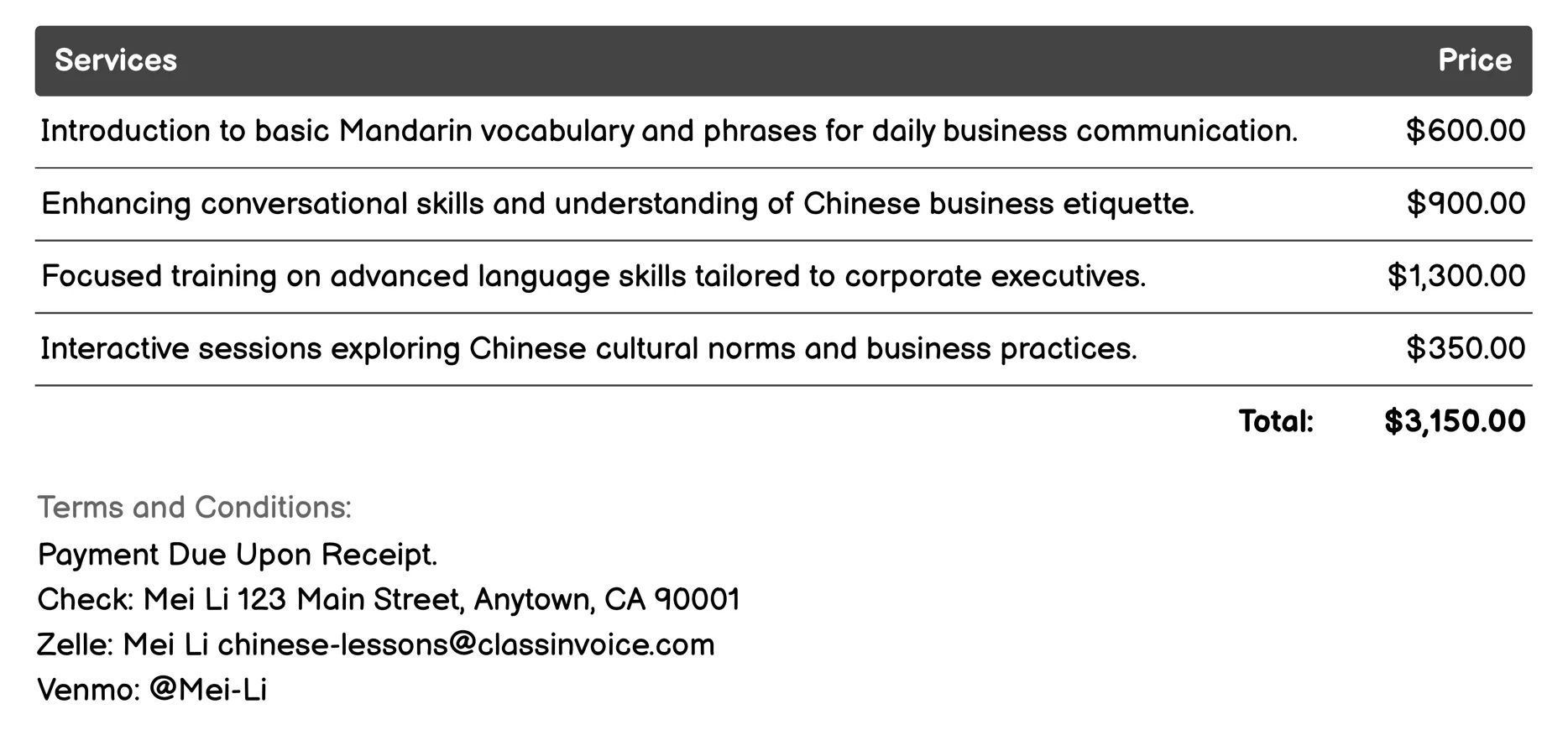 Corporate Training Invoice Example