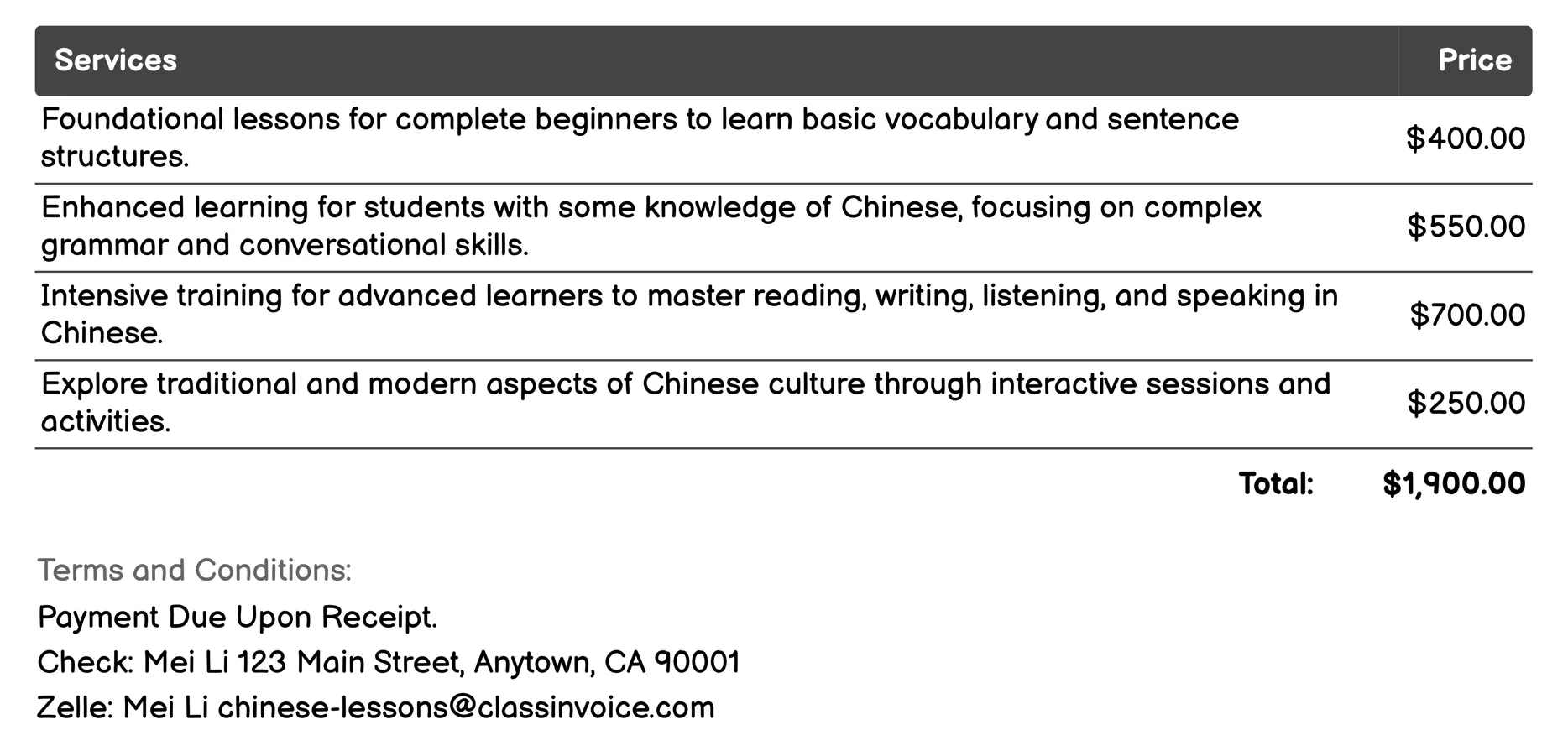 Intensive Summer Camps Invoice Example