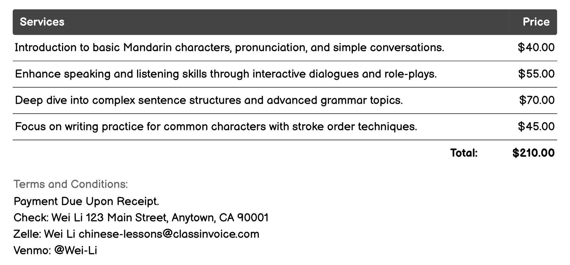 Private One-on-One Tutoring Invoice Example