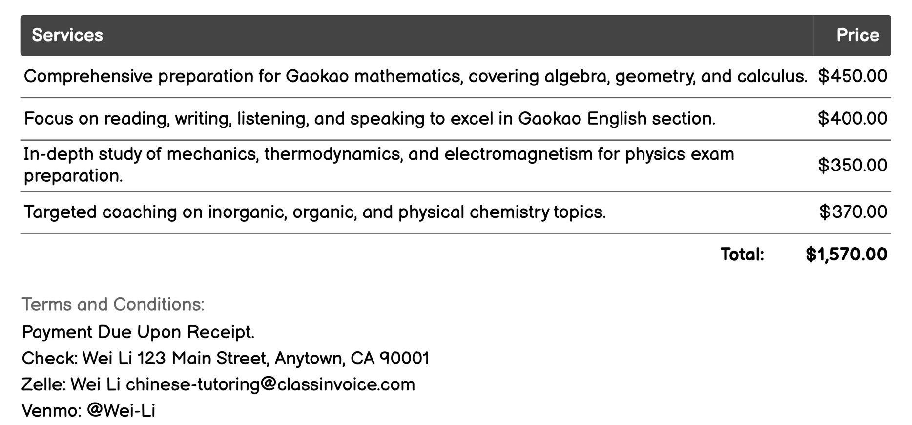 Test Preparation (Gaokao) Invoice Example