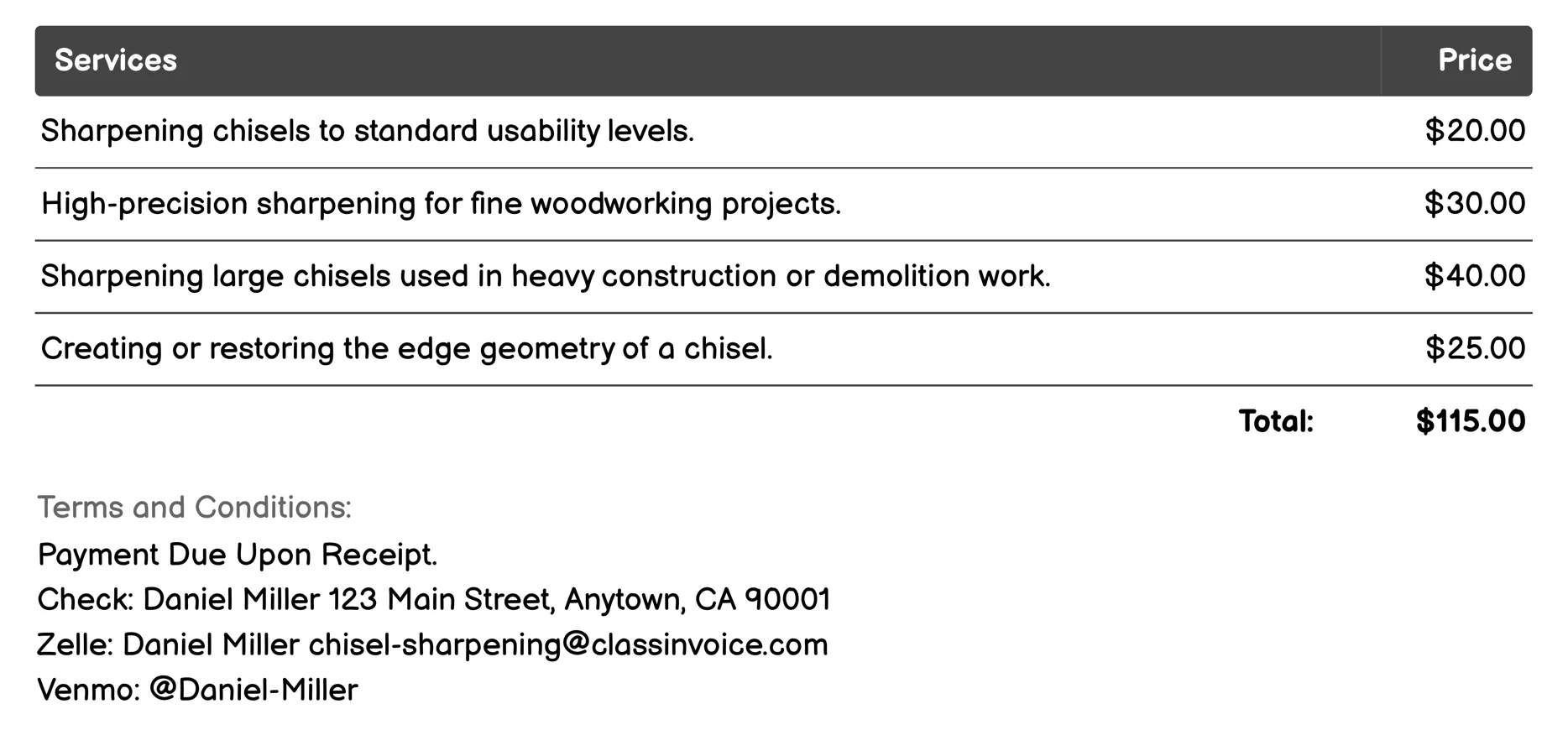 Tool Refurbishment Services Invoice Example