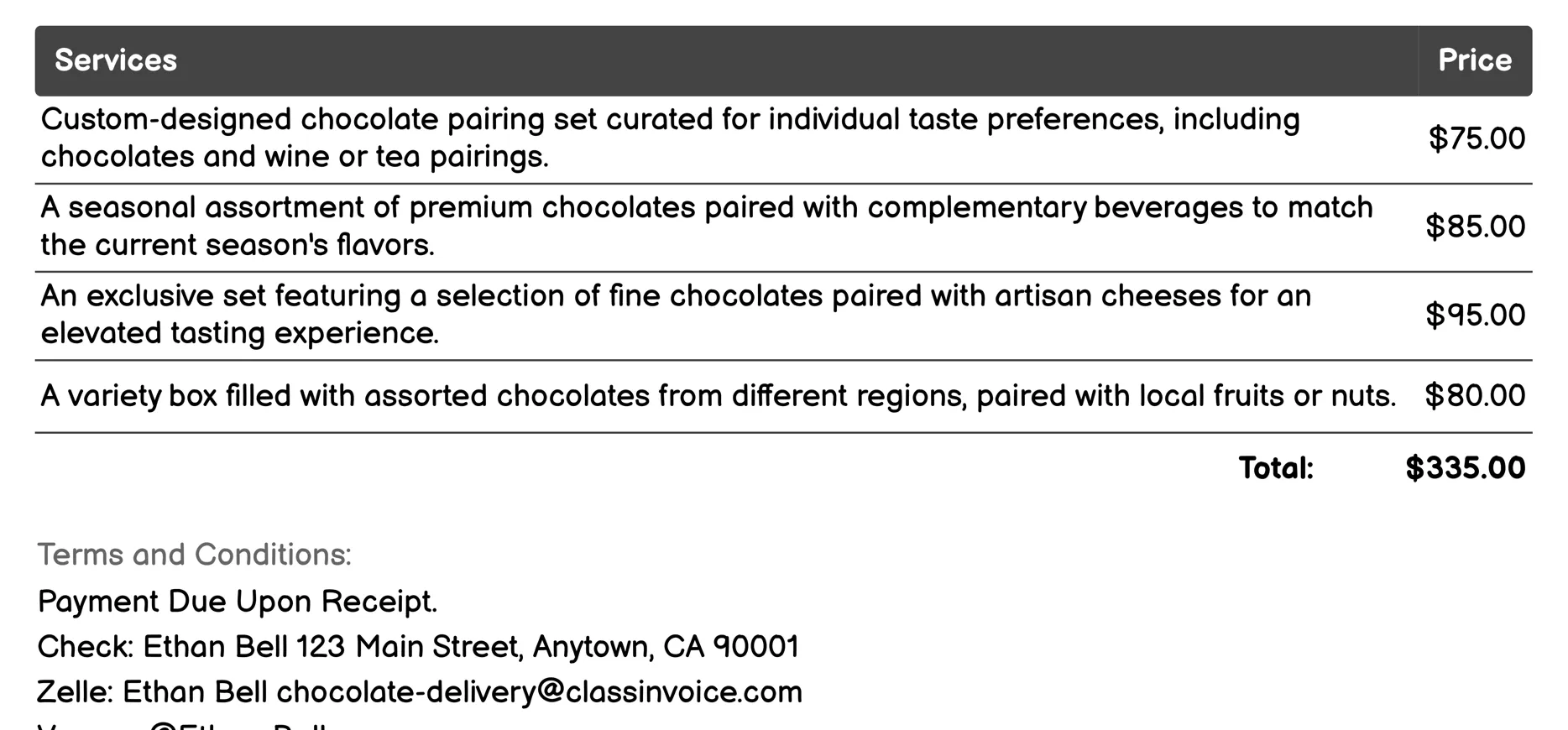 Chocolate Pairing Packages Invoice Example