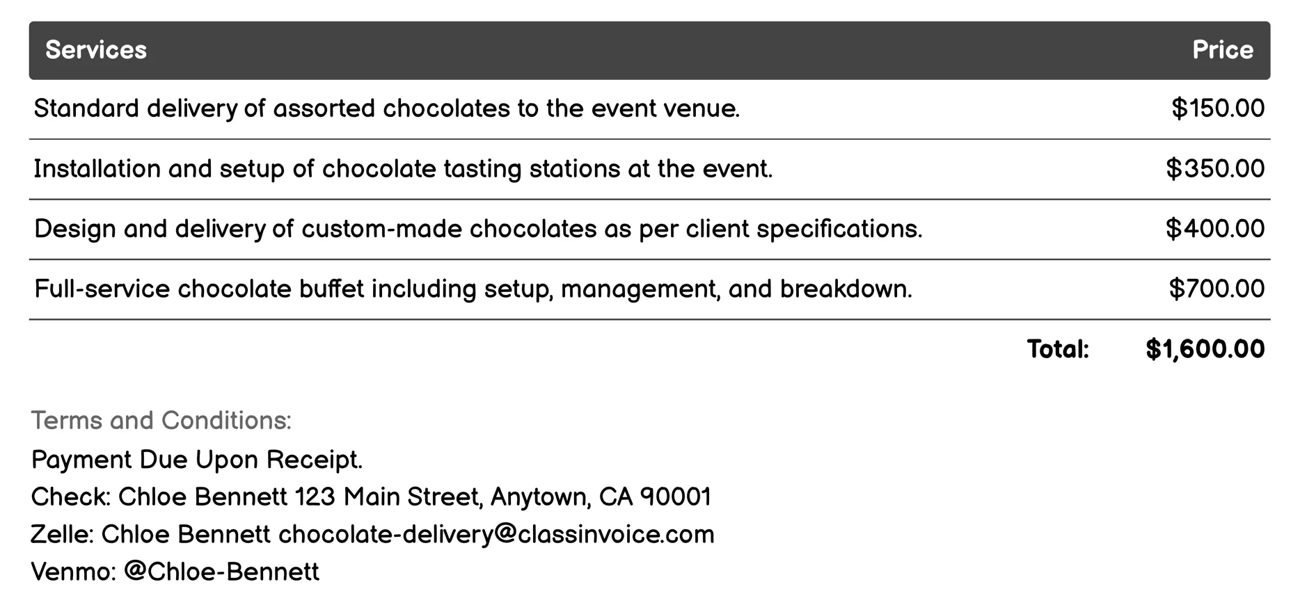Event Catering and Chocolate Stations Invoice Example