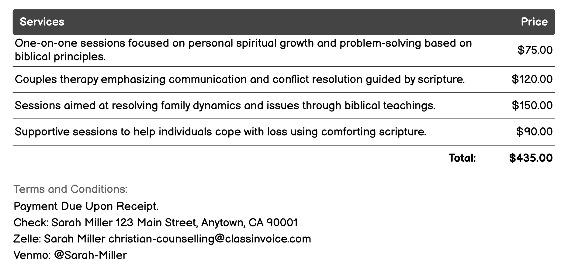 Biblical Counseling Invoice Example