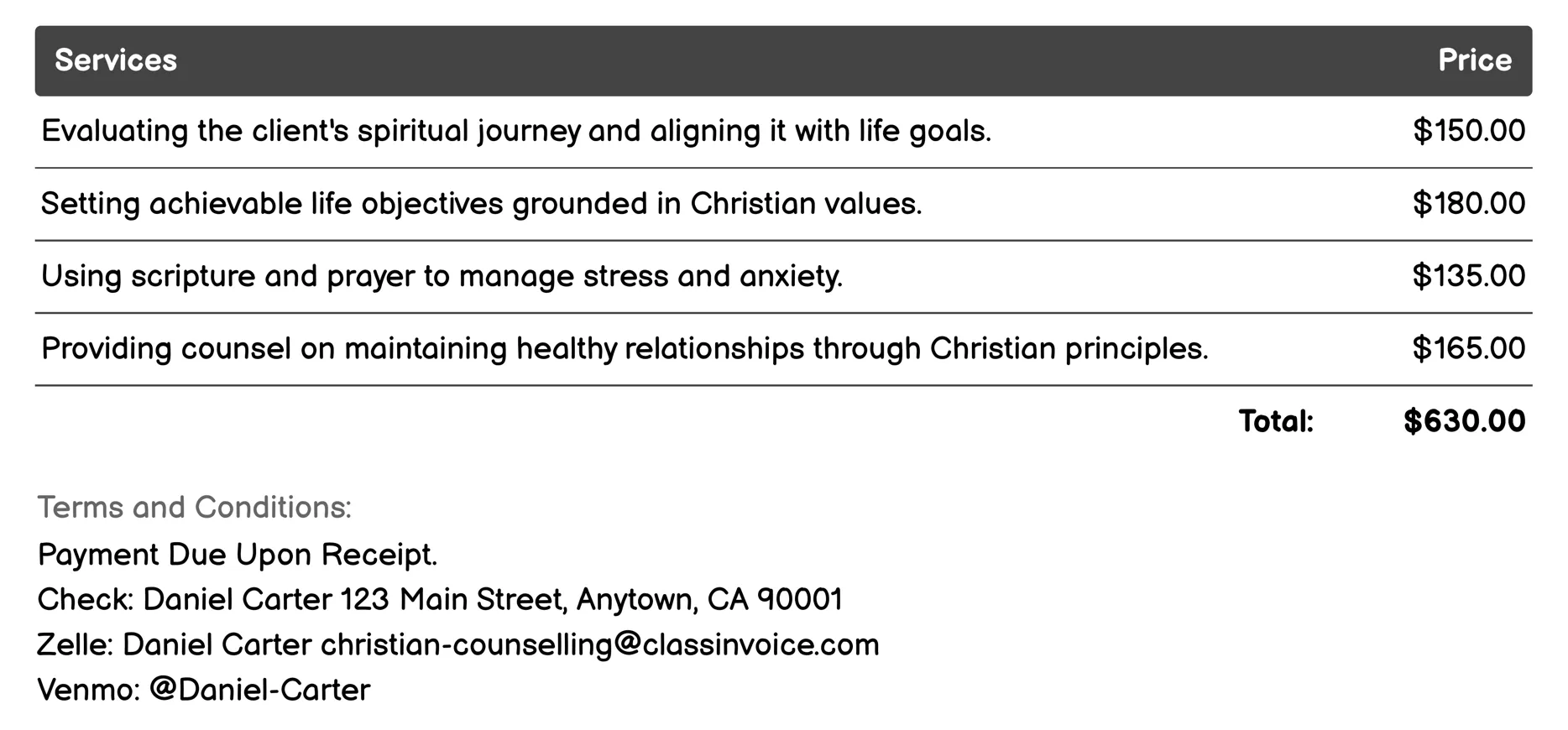 Life Coaching Invoice Example