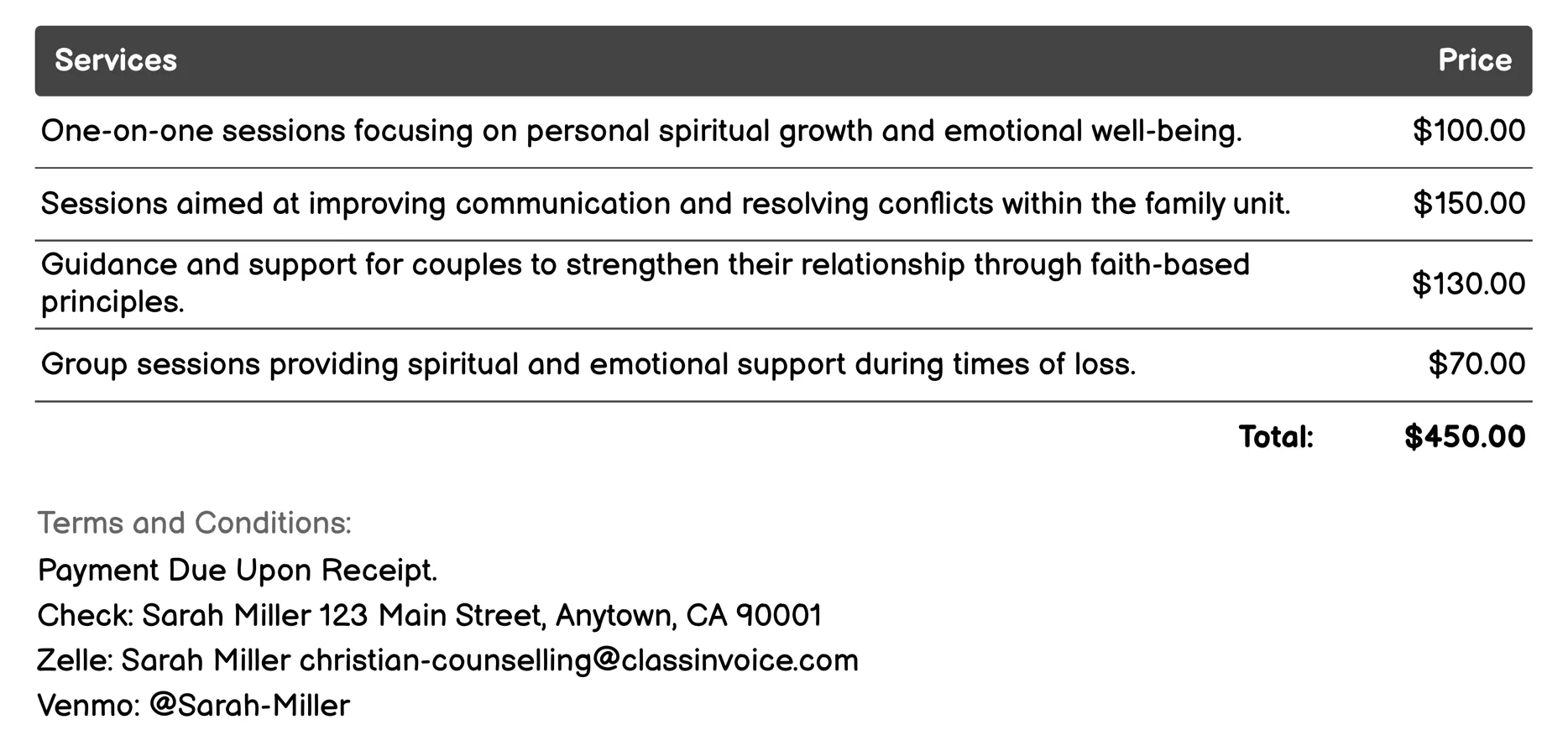 Pastoral Counseling Invoice Example