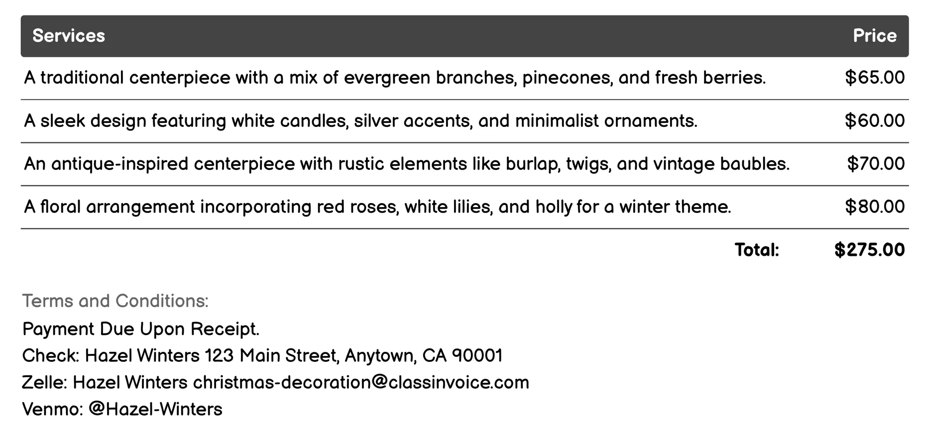 Centerpiece Creation Invoice Example