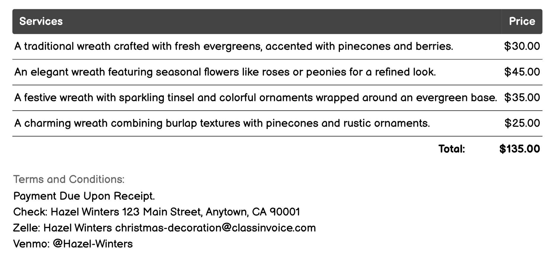 Wreath Crafting Invoice Example