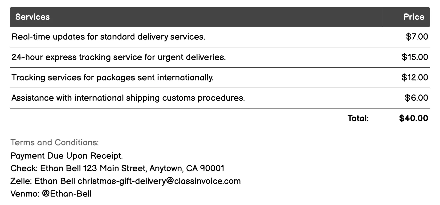 Package Tracking Service Invoice Example